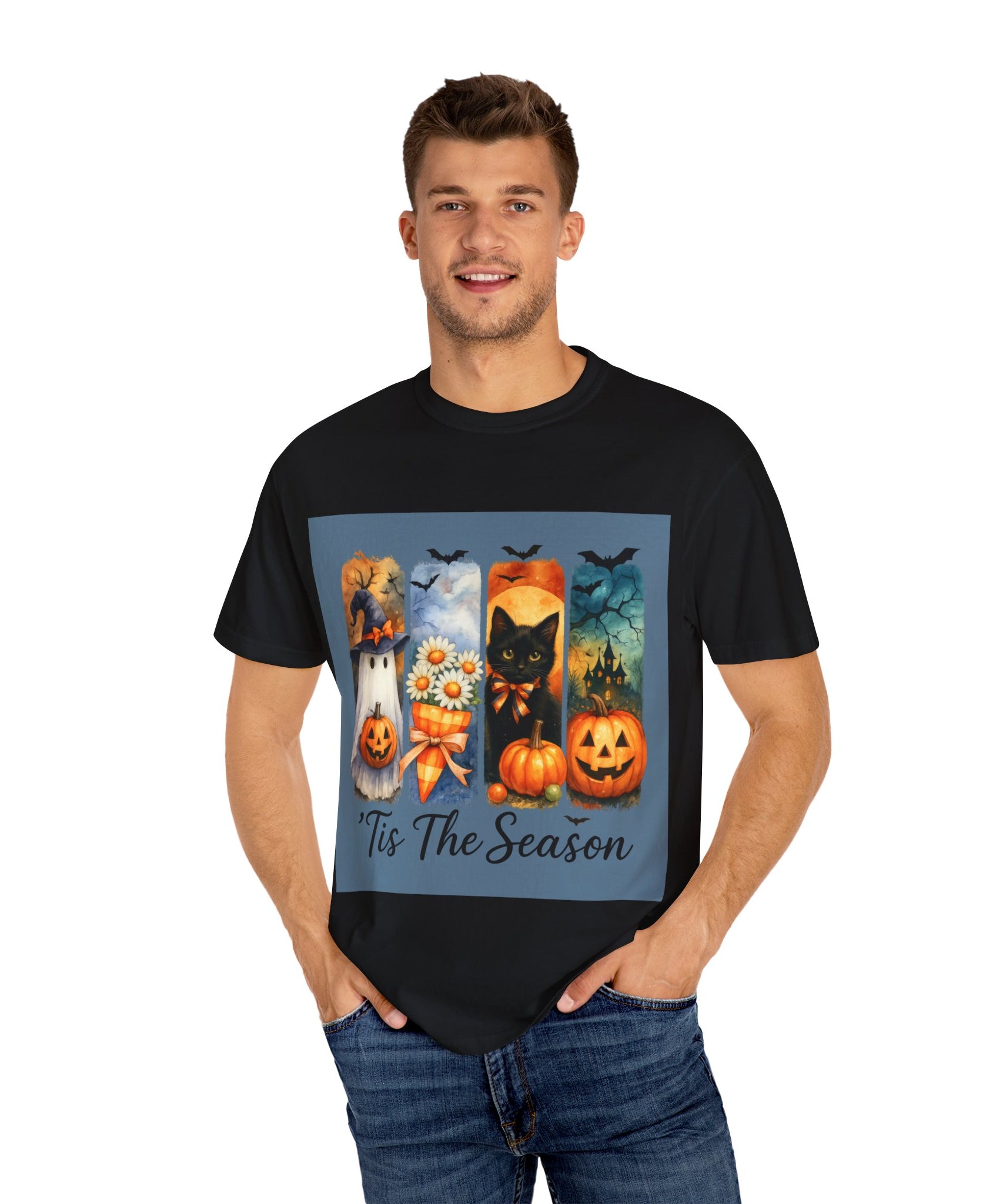 Whimsical Halloween T-Shirt – Ghost, Black Cat, Pumpkins & Haunted House Design - Gallory Hive