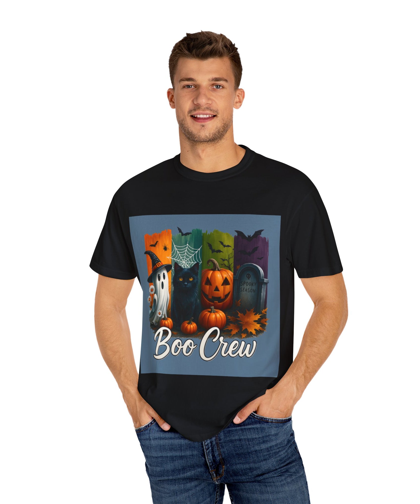 Boo Crew Halloween Unisex T-Shirt – Cute Ghost, Black Cat, Pumpkin & Tombstone Design - Gallory Hive