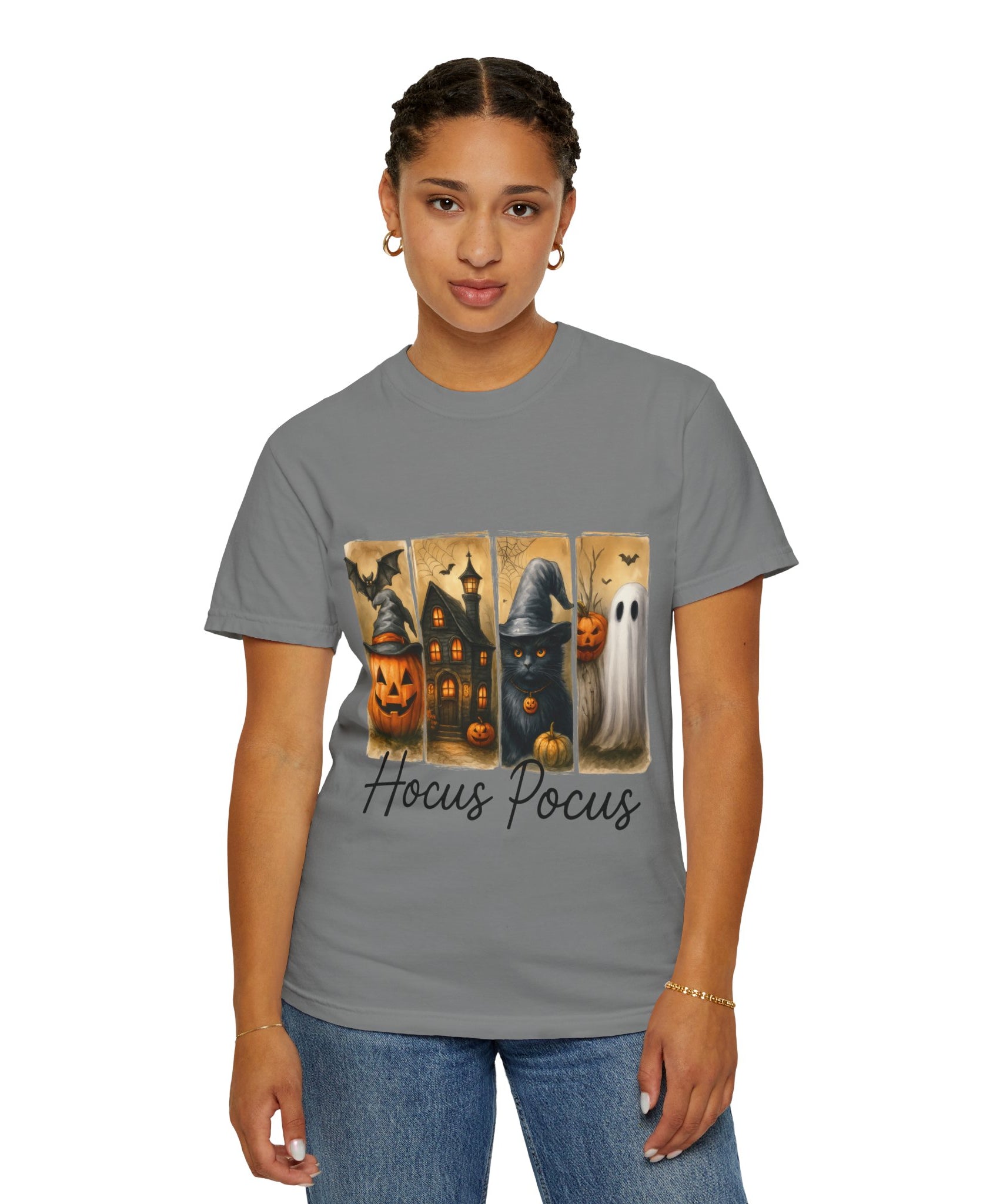 Hocus Pocus Halloween Unisex T-Shirt – Witchy Cat, Haunted House, Pumpkin & Ghost Art - Gallory Hive