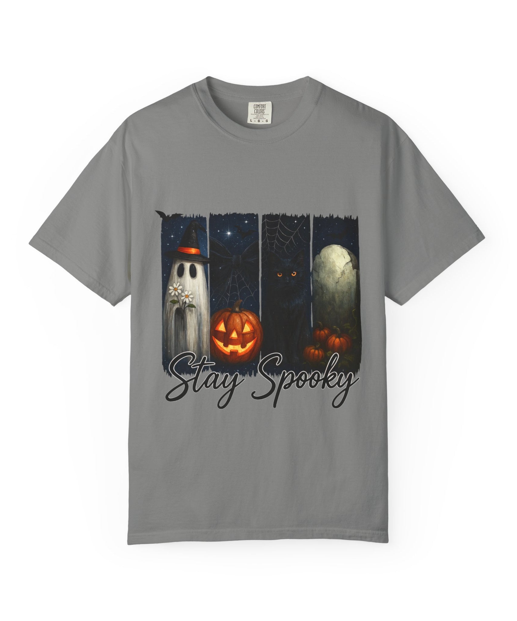Stay Spooky Halloween T-Shirt – Cute Ghost, Black Cat, Pumpkin & Graveyard Design