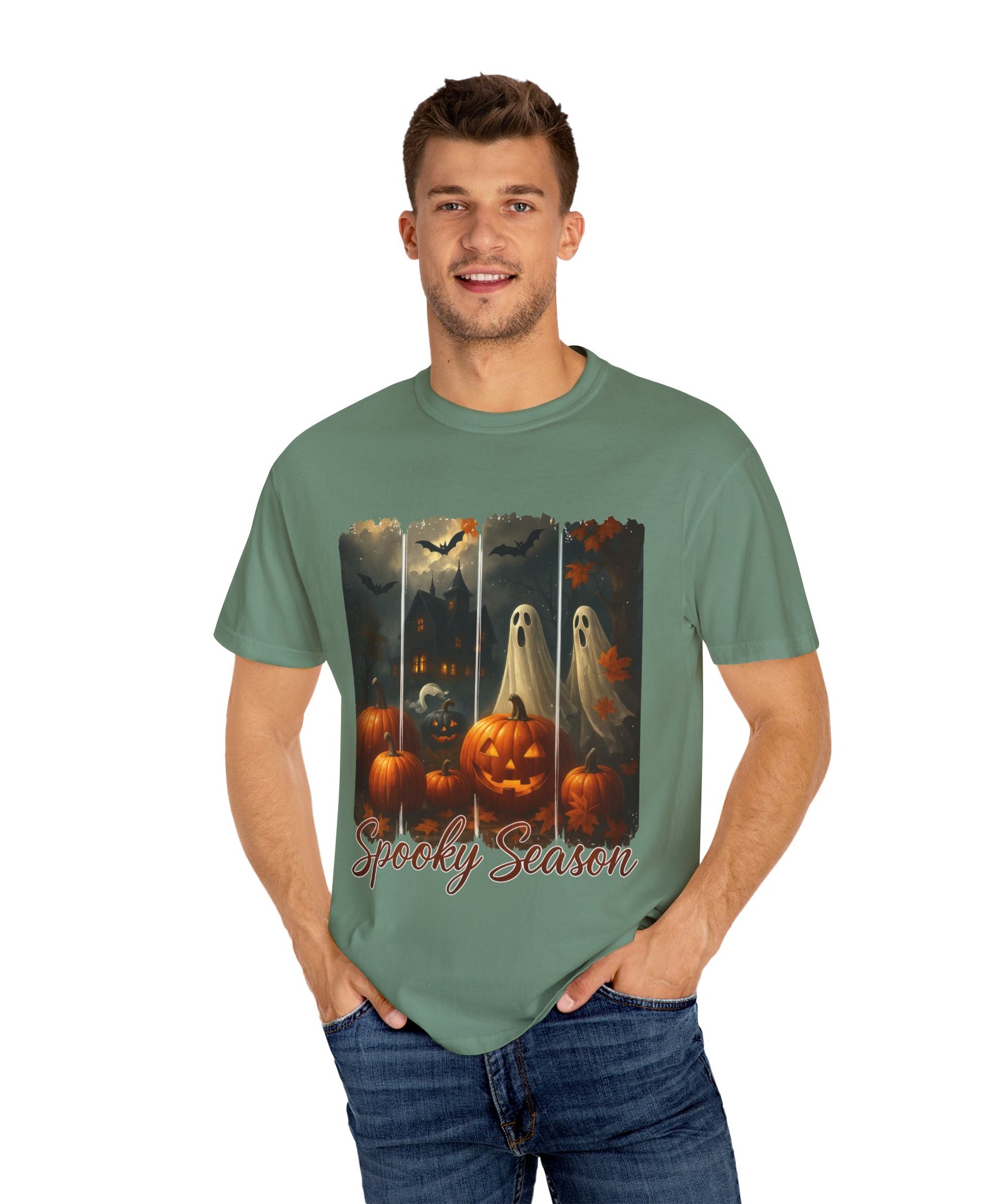 Spooky Season Unisex Halloween T-Shirt – Haunted House, Pumpkins & Ghosts Fall Design - Gallory Hive