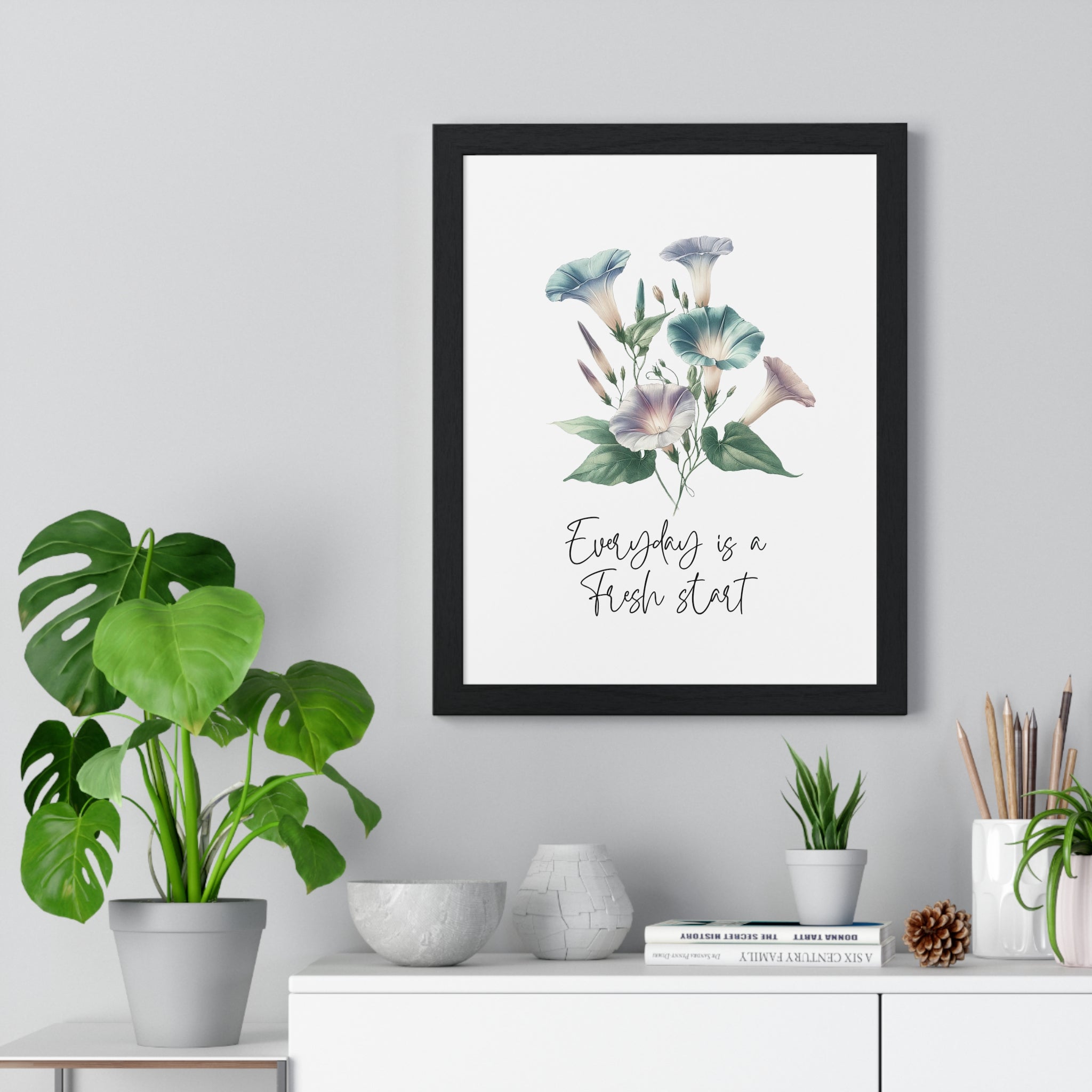 Morning Glory Birth Flower Wall Art – "Everyday is a Fresh Start" | September Floral Print in Wooden Frame
