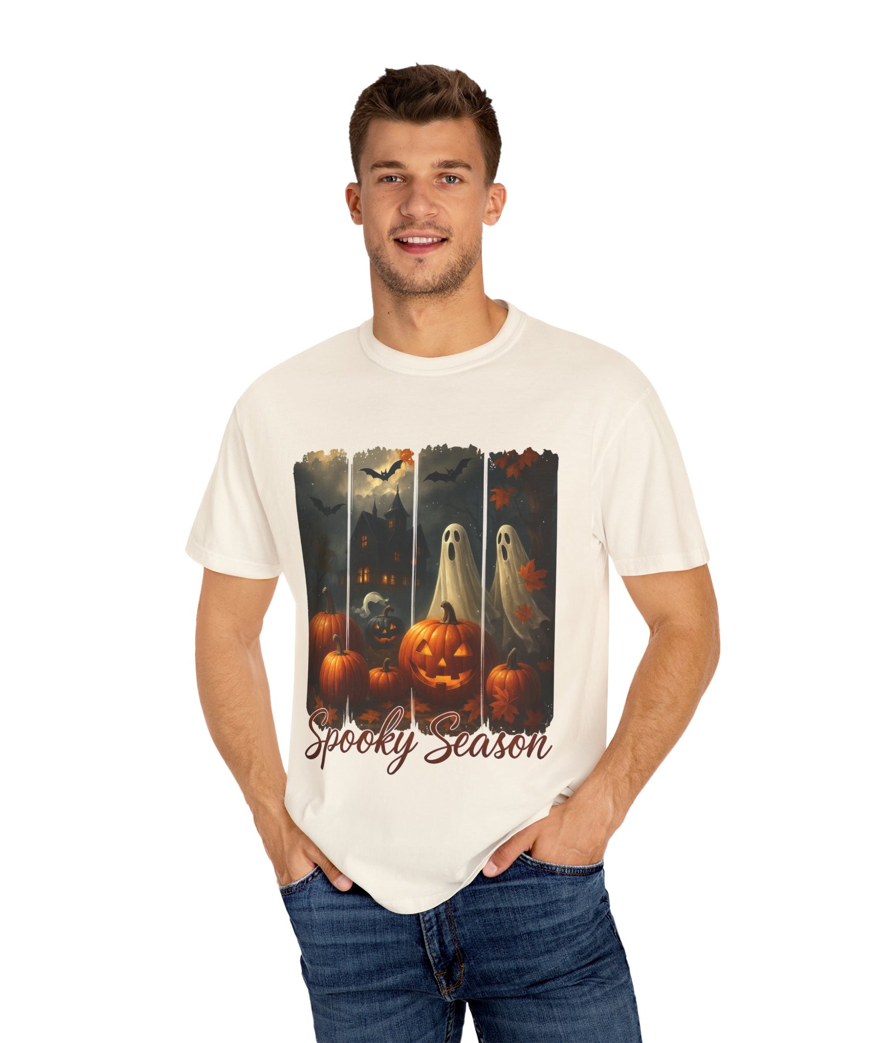 Spooky Season Unisex Halloween T-Shirt – Haunted House, Pumpkins & Ghosts Fall Design - Gallory Hive