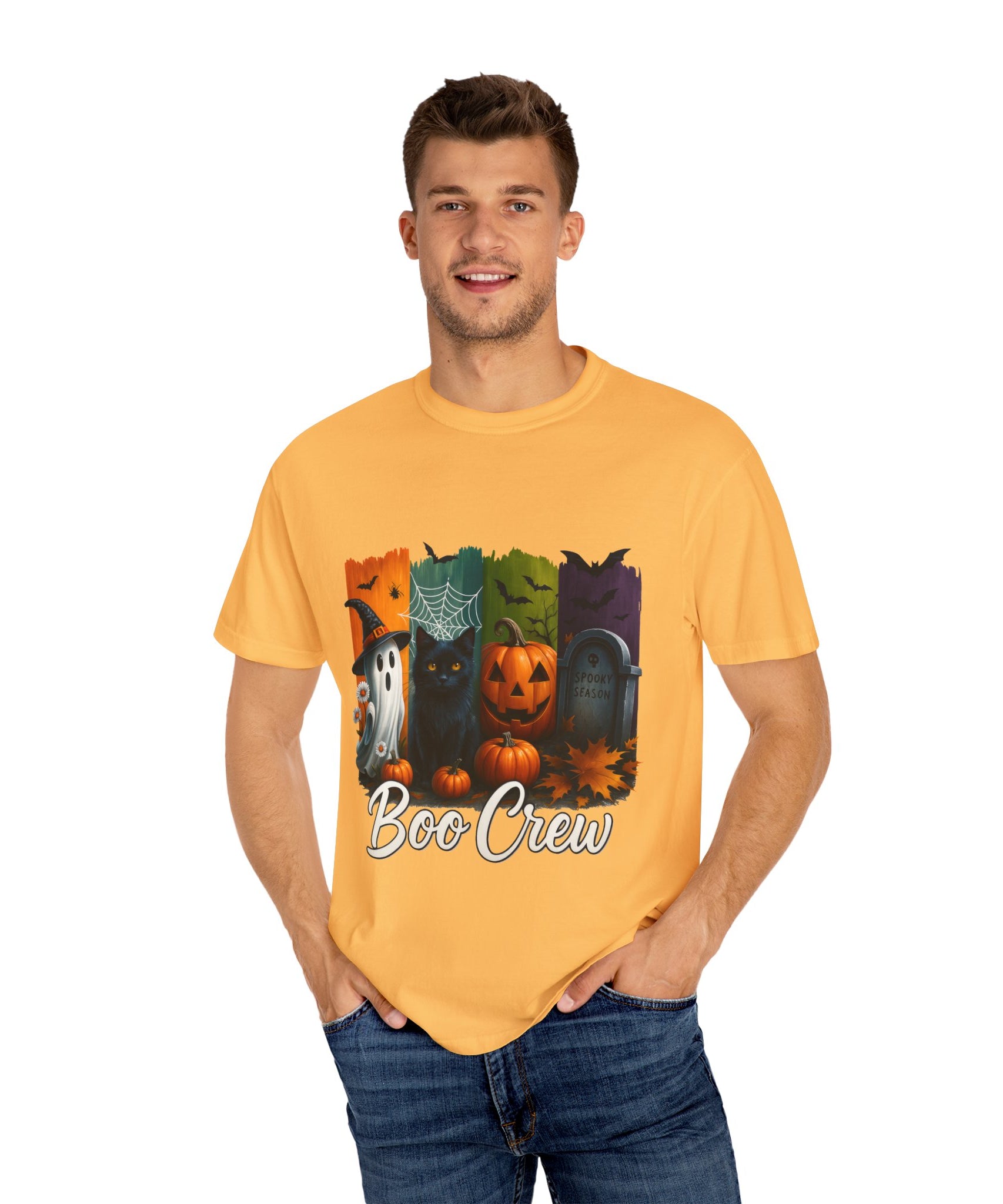 Boo Crew Halloween Unisex T-Shirt – Cute Ghost, Black Cat, Pumpkin & Tombstone Design - Gallory Hive
