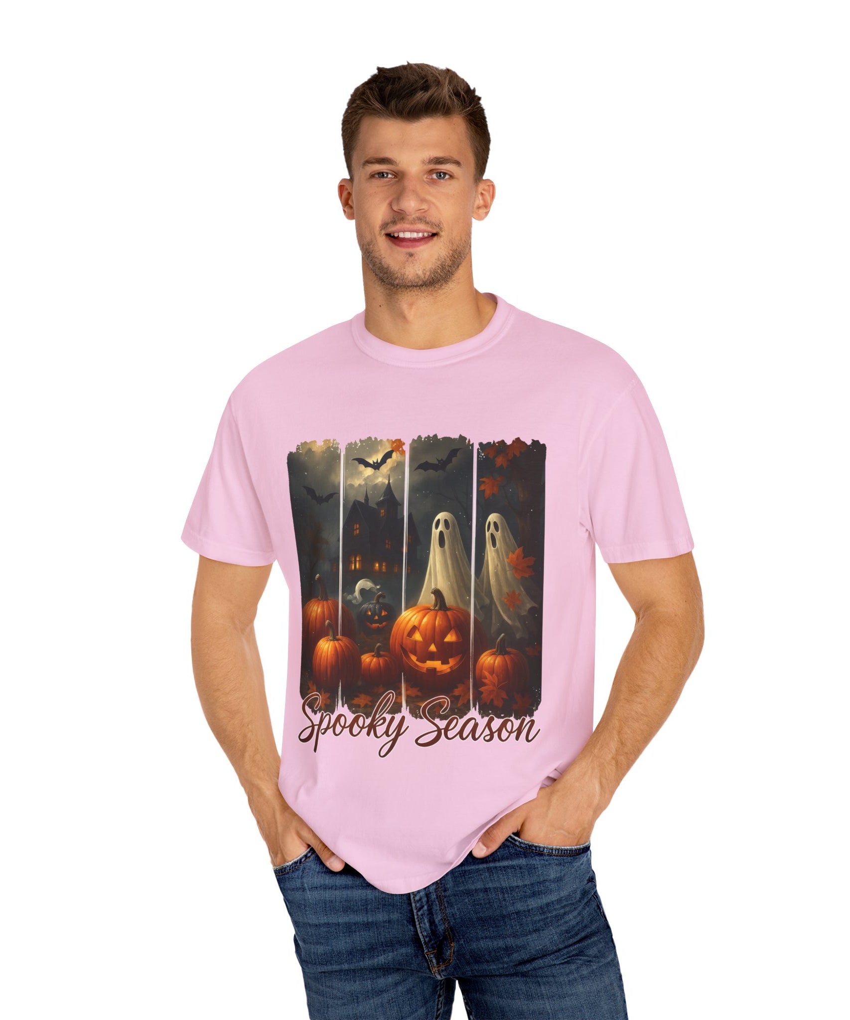 Spooky Season Unisex Halloween T-Shirt – Haunted House, Pumpkins & Ghosts Fall Design - Gallory Hive