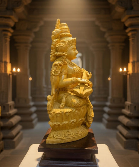 Handmade Sitting Saraswati Wooden Sculpture | Gallory Hive