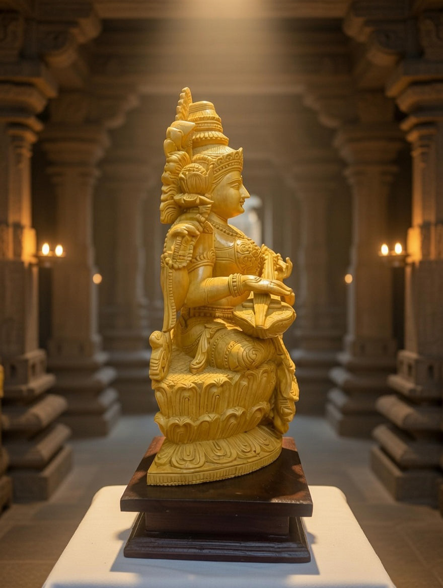 Handmade Sitting Saraswati Wooden Sculpture | Gallory Hive