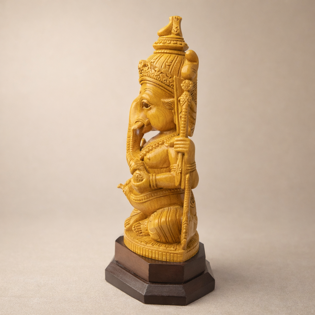 Handmade Sitting Lord Ganesha Wooden Sculpture | Gallory Hive