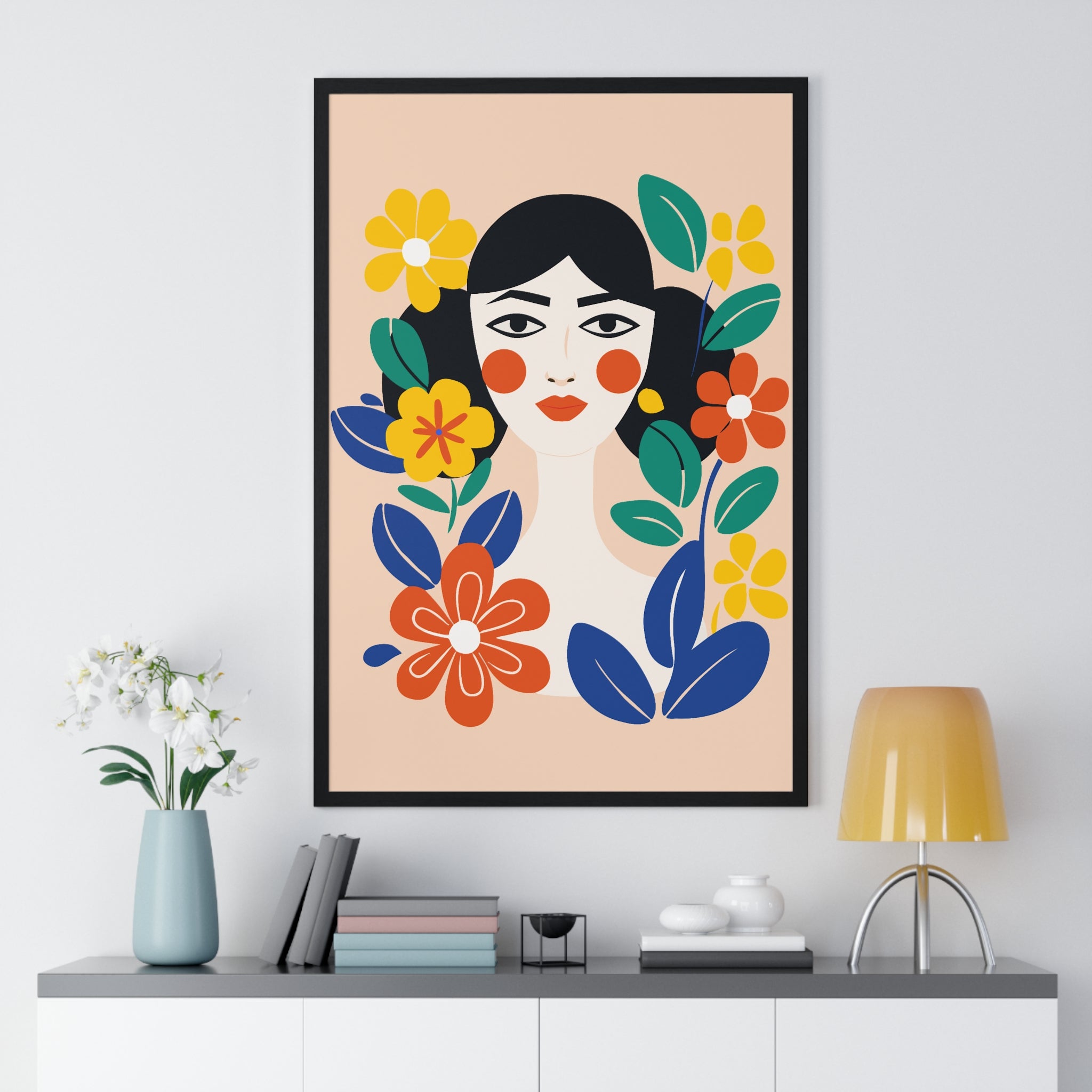 Vibrant Coastal Seashell Pot Art on Turquoise Grid in Premium Frame