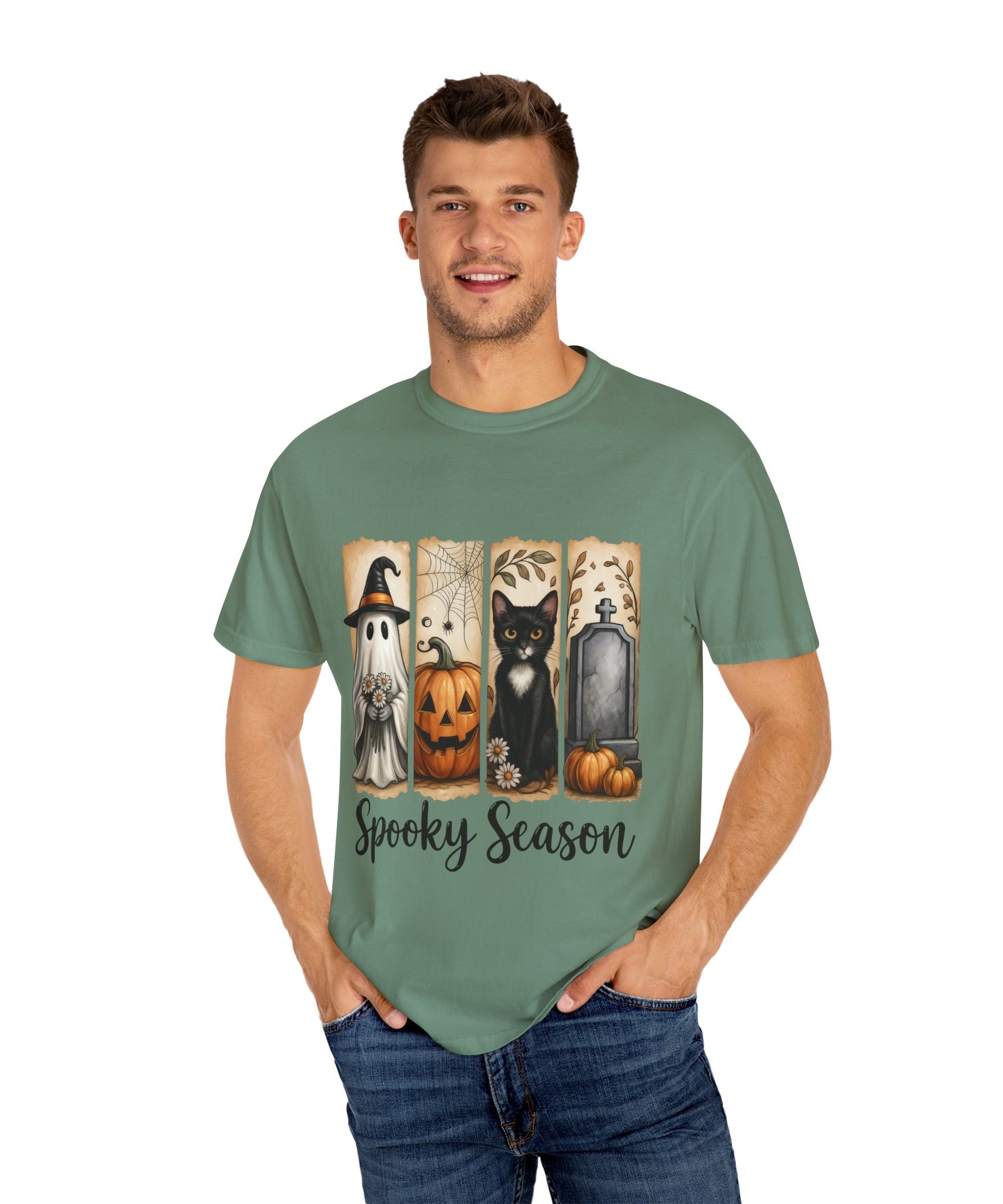 Spooky Season Halloween Unisex T-Shirt – Ghost, Cat & Pumpkin Design - Gallory Hive
