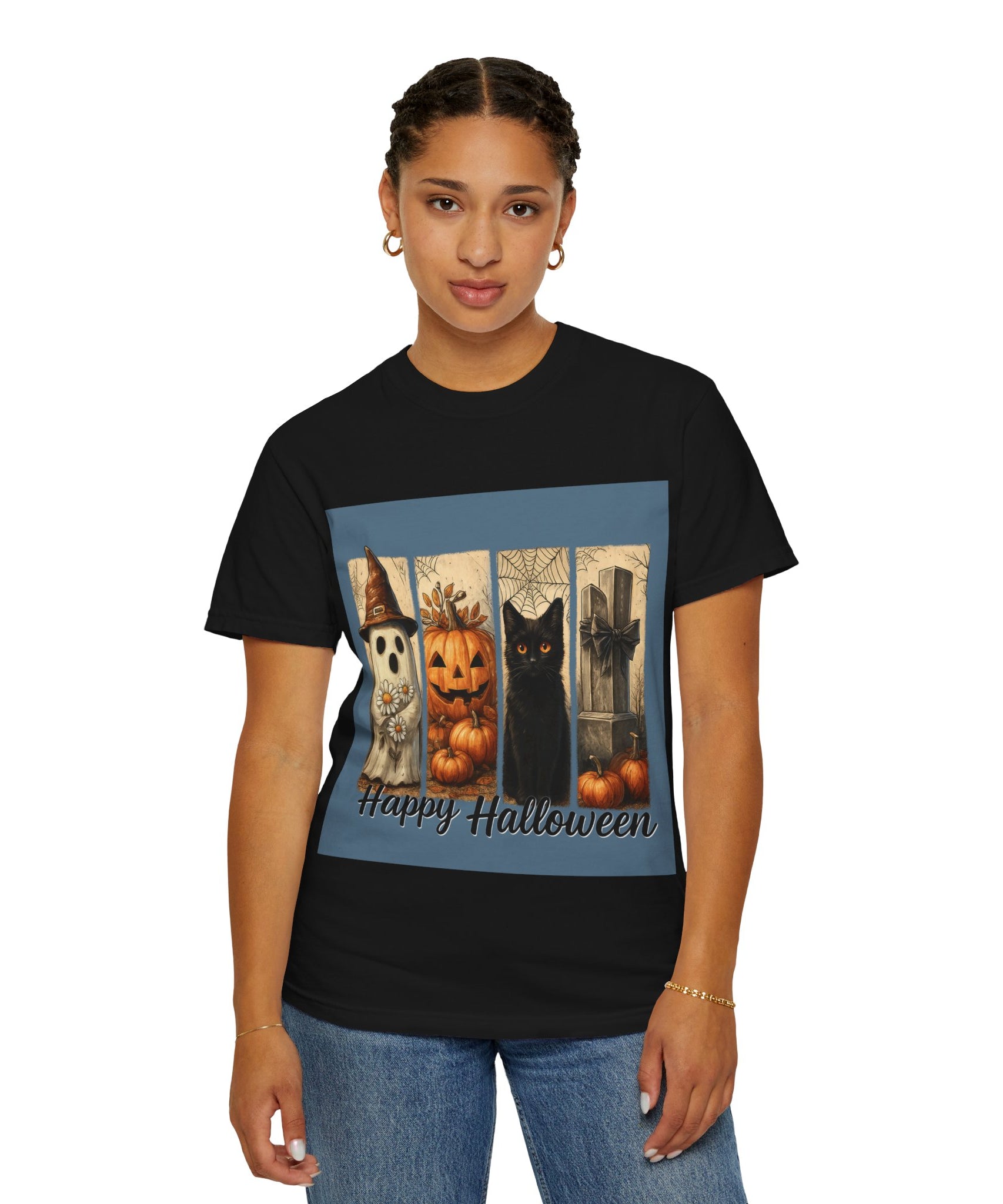 Happy Halloween Unisex T-Shirt – Ghost, Black Cat & Pumpkin Graphic Tee - Gallory Hive