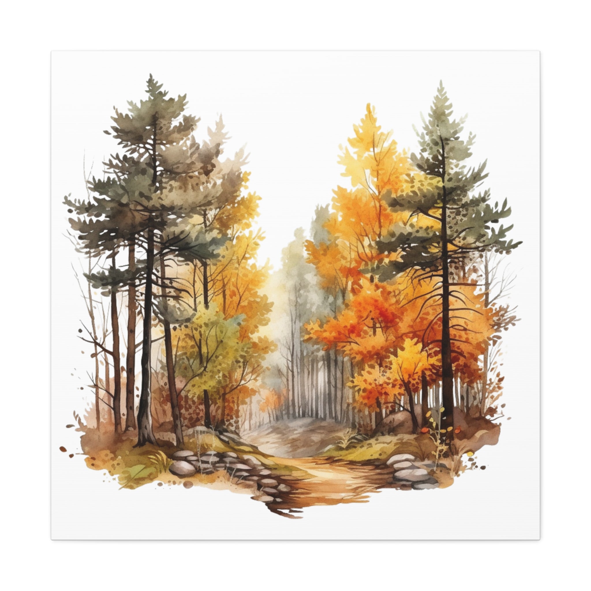 Golden Autumn Forest Path Canvas Wall Art – Watercolor Nature Landscape Print for Home Decoration