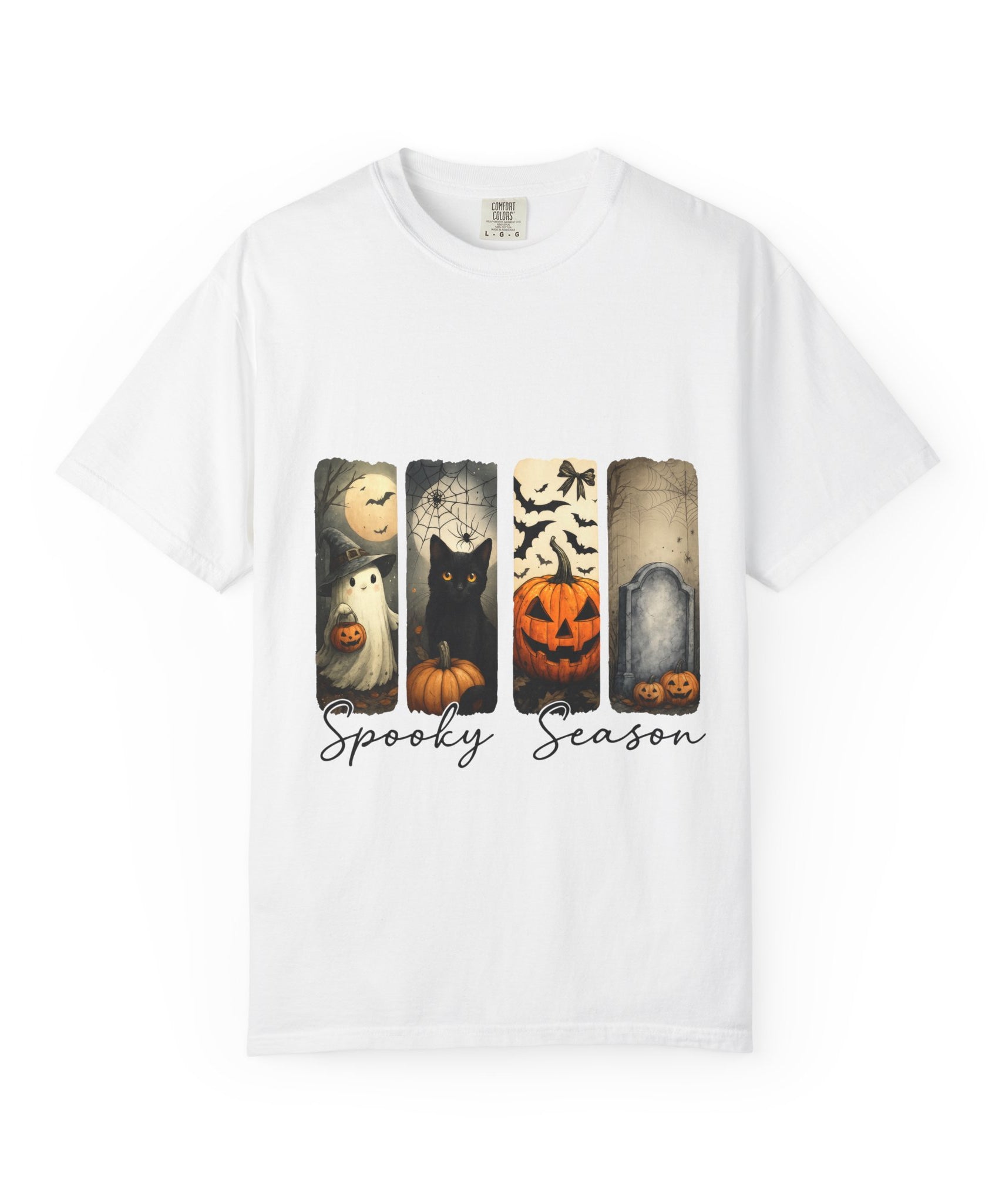 Halloween Night Unisex T-Shirt – Ghost, Black Cat, Pumpkin & Tombstone Vintage Art