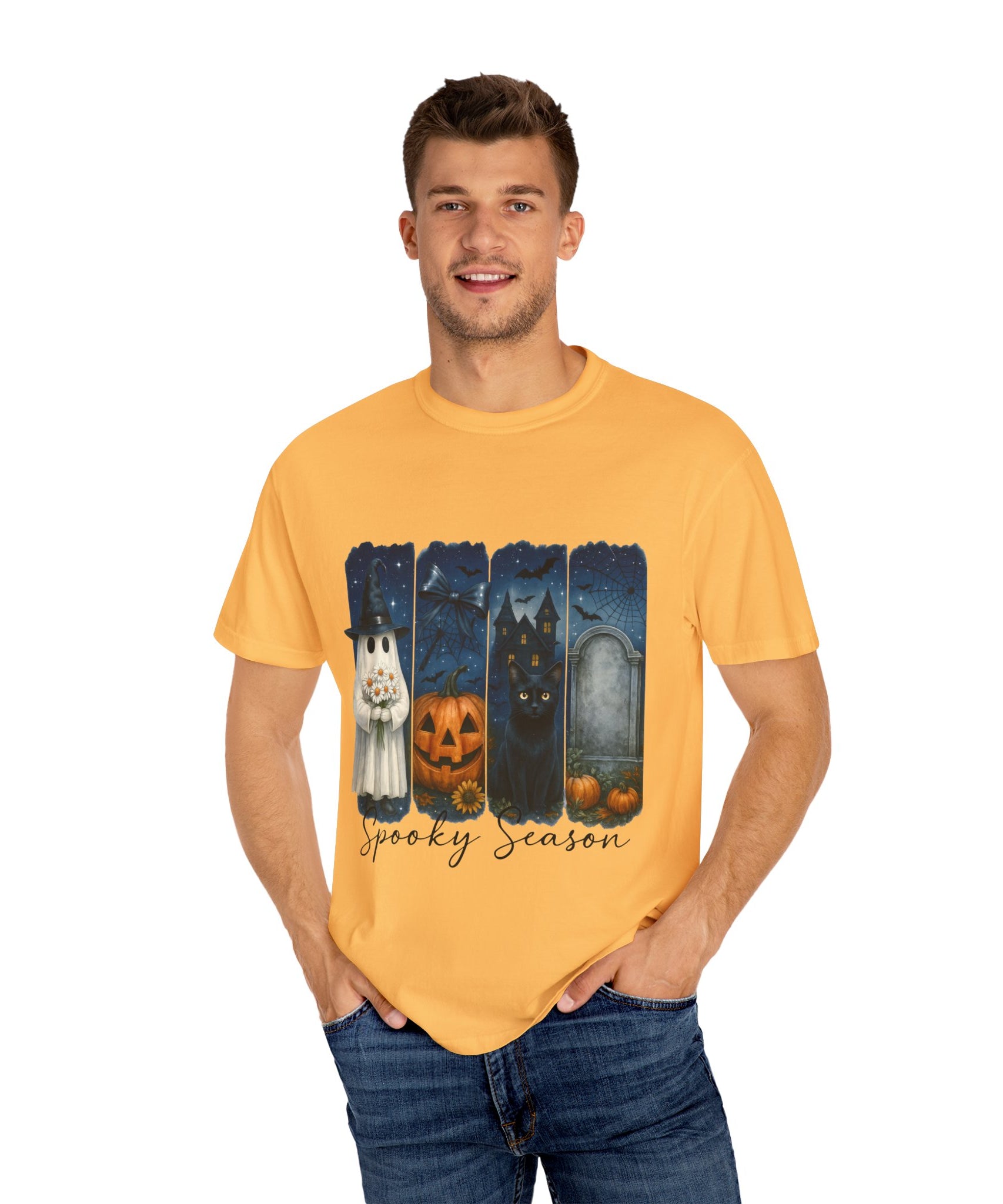 Spooky Season Halloween T-Shirt – Ghost, Black Cat, Pumpkin & Haunted House Design - Gallory Hive