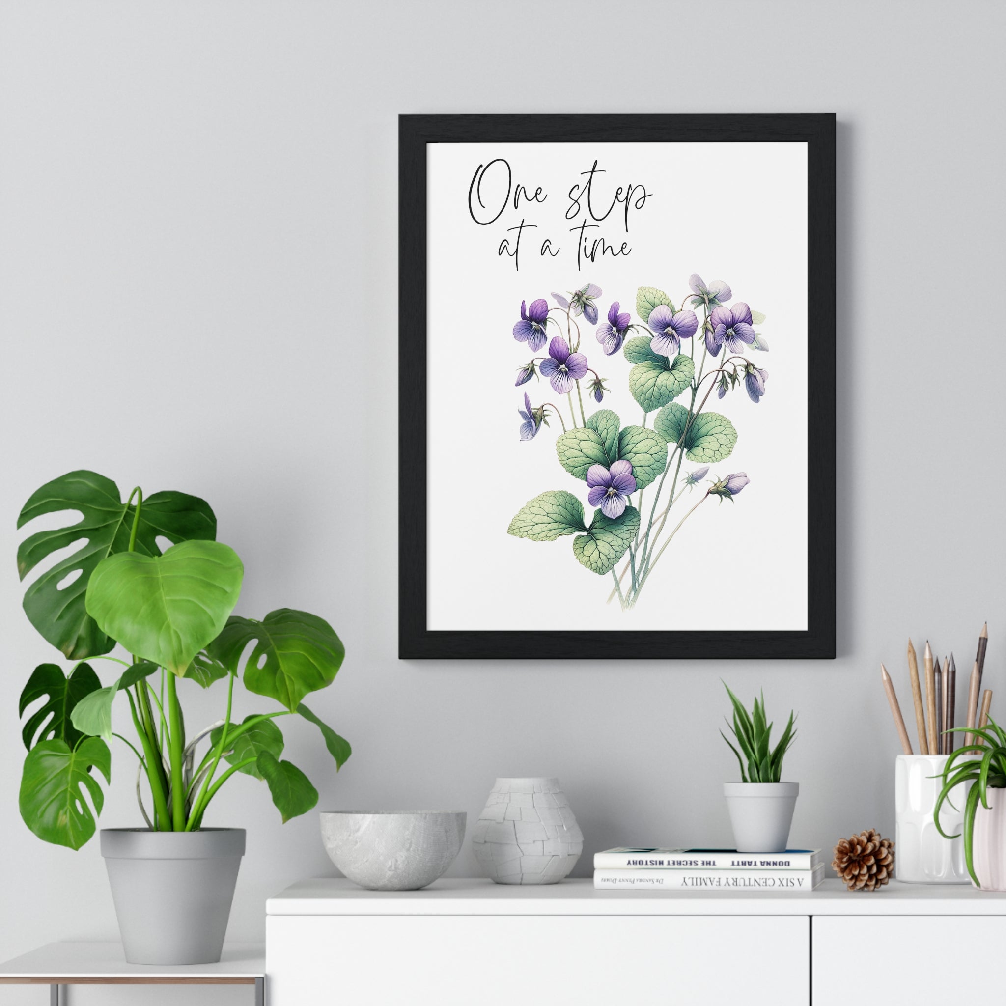 One Step at a Time – February Birth Flower Violet Wall Art (Wooden Frame)