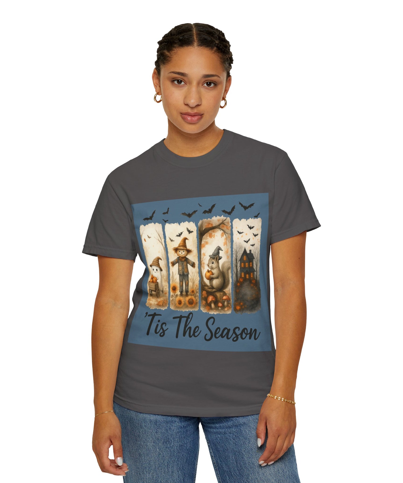 Tis The Season Fall Halloween T-Shirt – Cute Ghost, Scarecrow, Squirrel & Haunted House Design - Gallory Hive