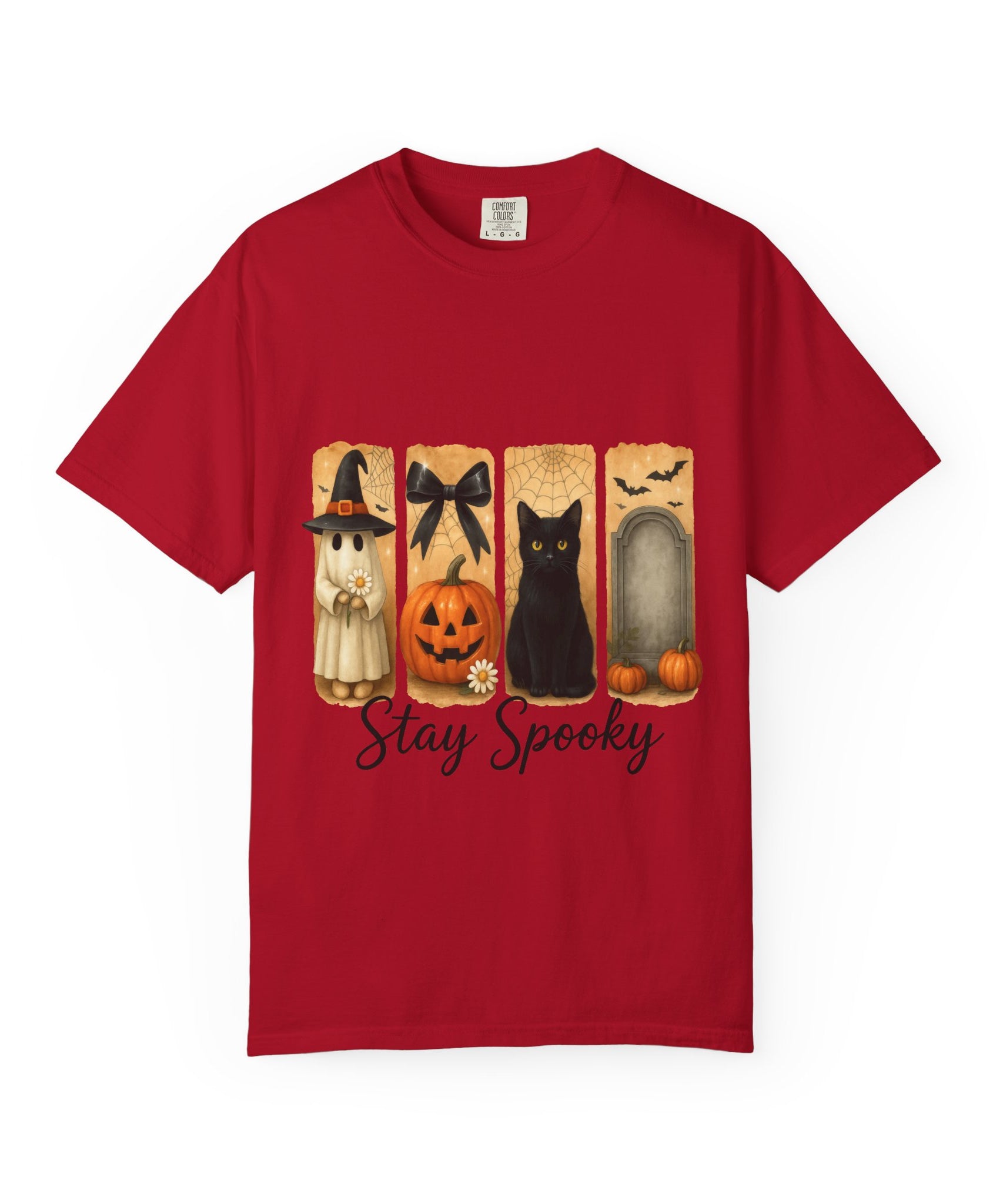 Cute Halloween T-Shirt – Ghost in Witch Hat, Pumpkin, Black Cat & Tombstone Design - Gallory Hive