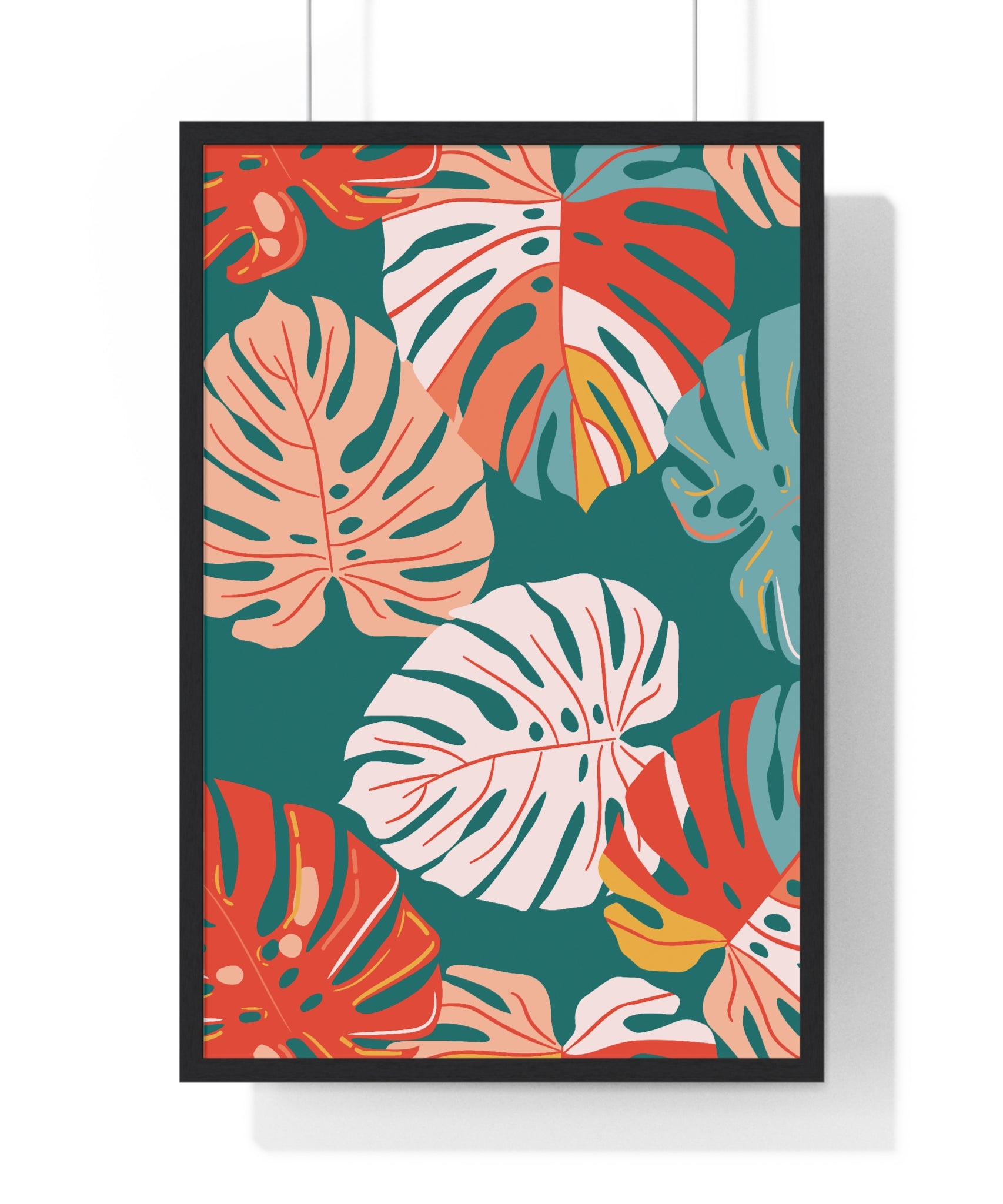 Vibrant Tropical Leaf Art on Green Grid in Premium Frame