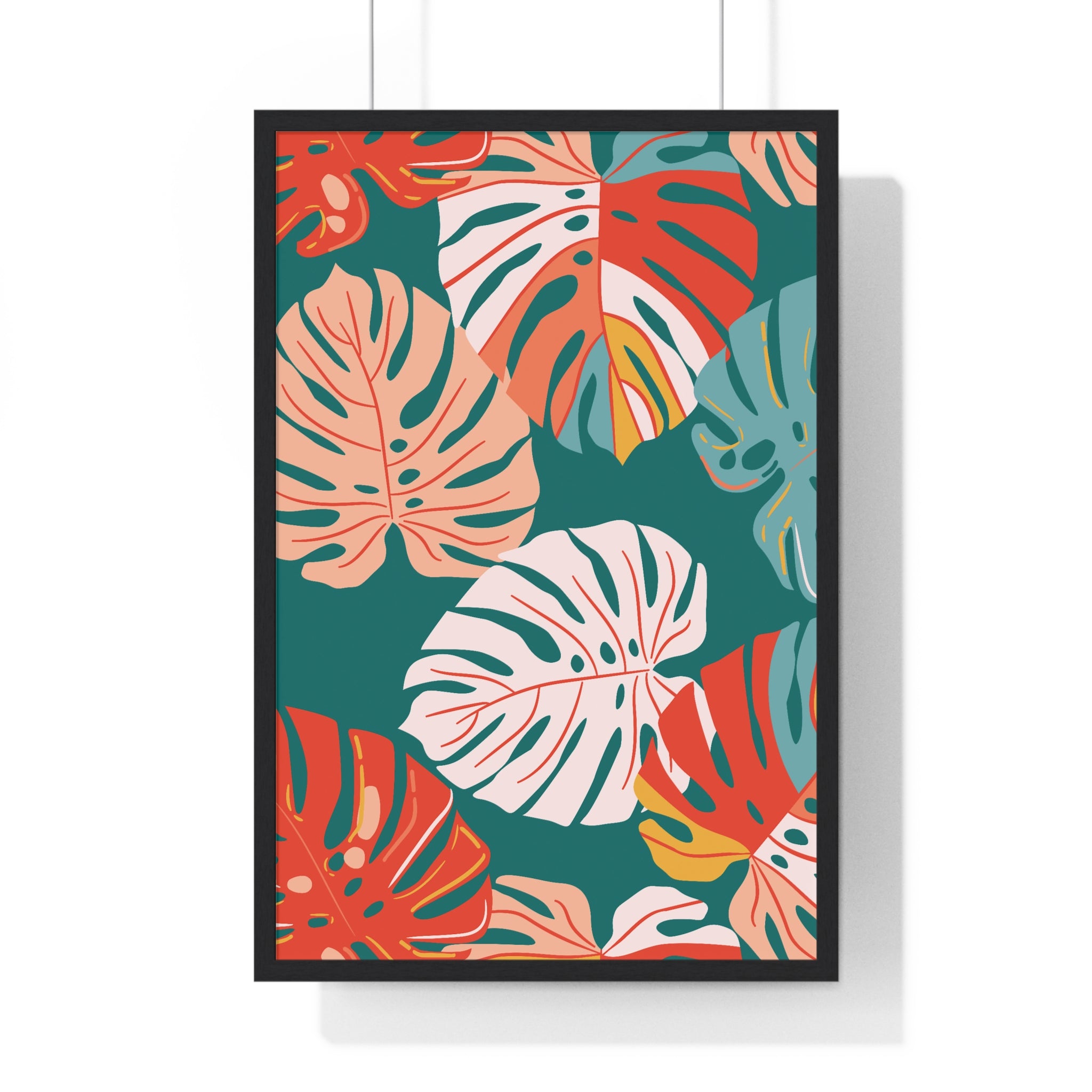 Vibrant Tropical Leaf Art on Green Grid in Premium Frame