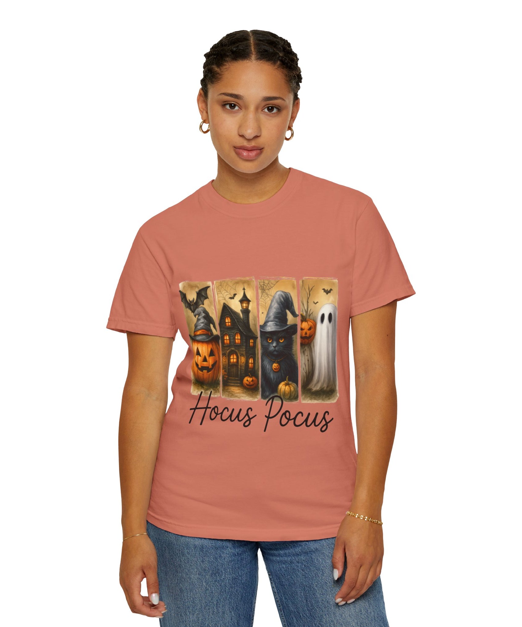 Hocus Pocus Halloween Unisex T-Shirt – Witchy Cat, Haunted House, Pumpkin & Ghost Art - Gallory Hive