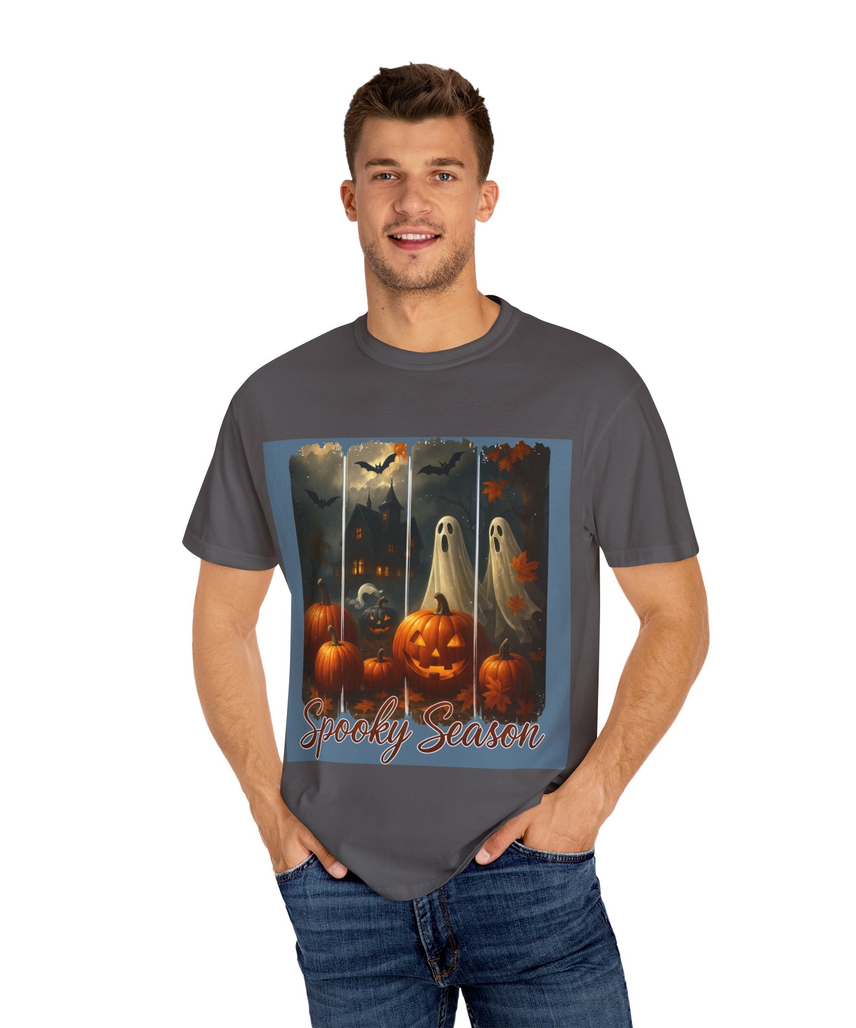 Spooky Season Unisex Halloween T-Shirt – Haunted House, Pumpkins & Ghosts Fall Design - Gallory Hive