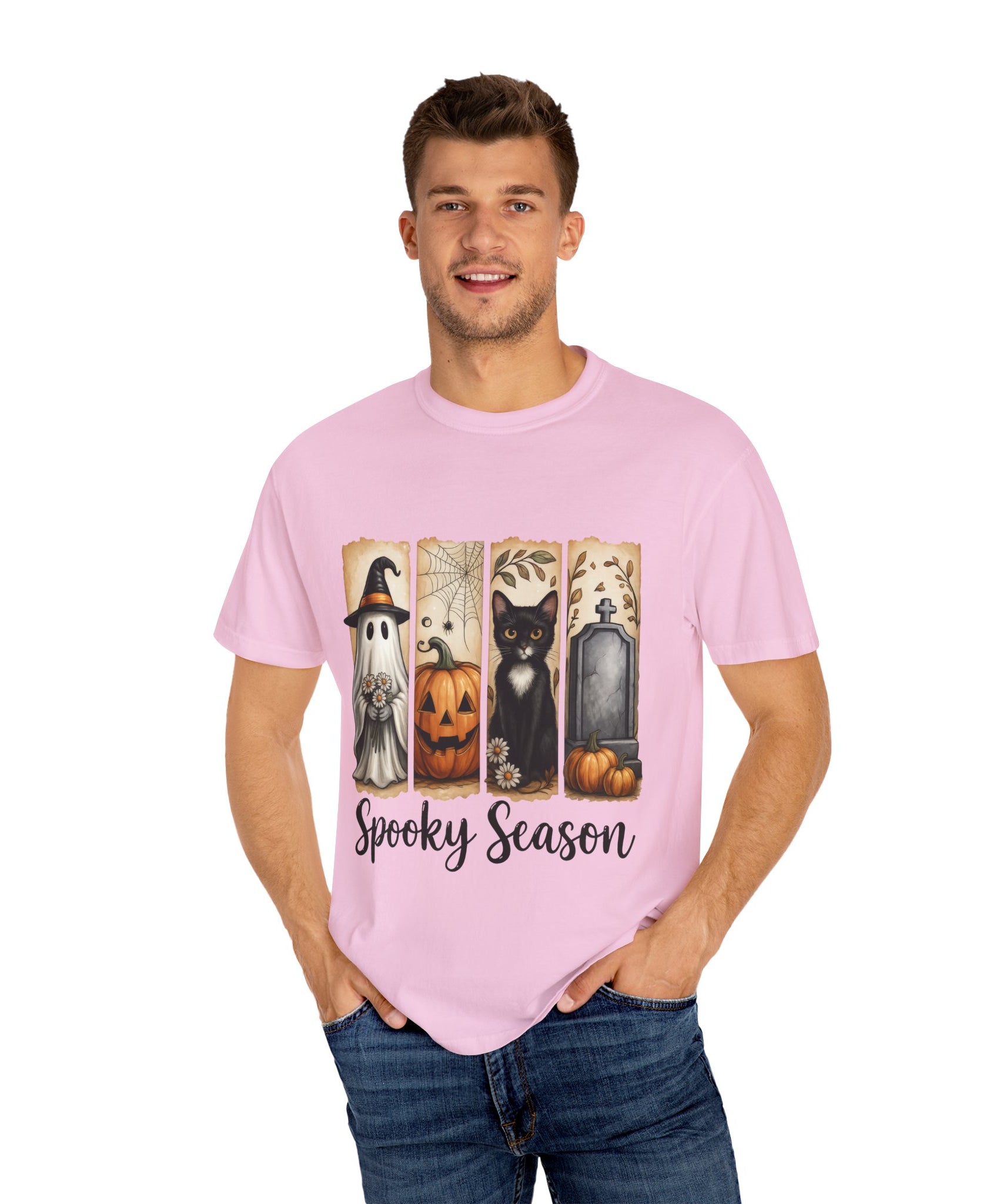 Spooky Season Halloween Unisex T-Shirt – Ghost, Cat & Pumpkin Design - Gallory Hive