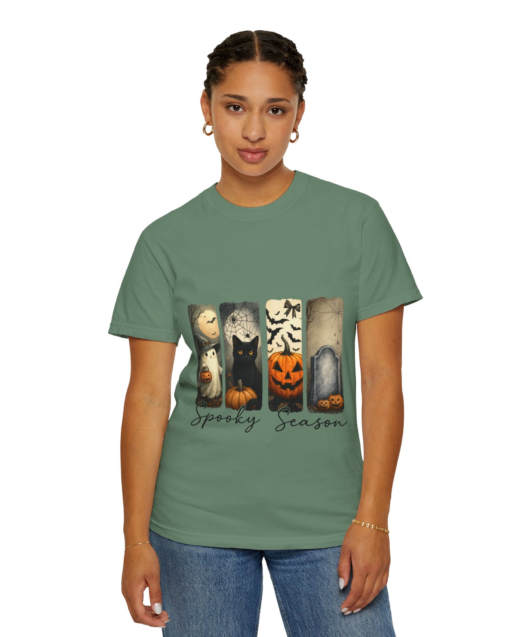 Halloween Night Unisex T-Shirt – Ghost, Black Cat, Pumpkin & Tombstone Vintage Art - Gallory Hive
