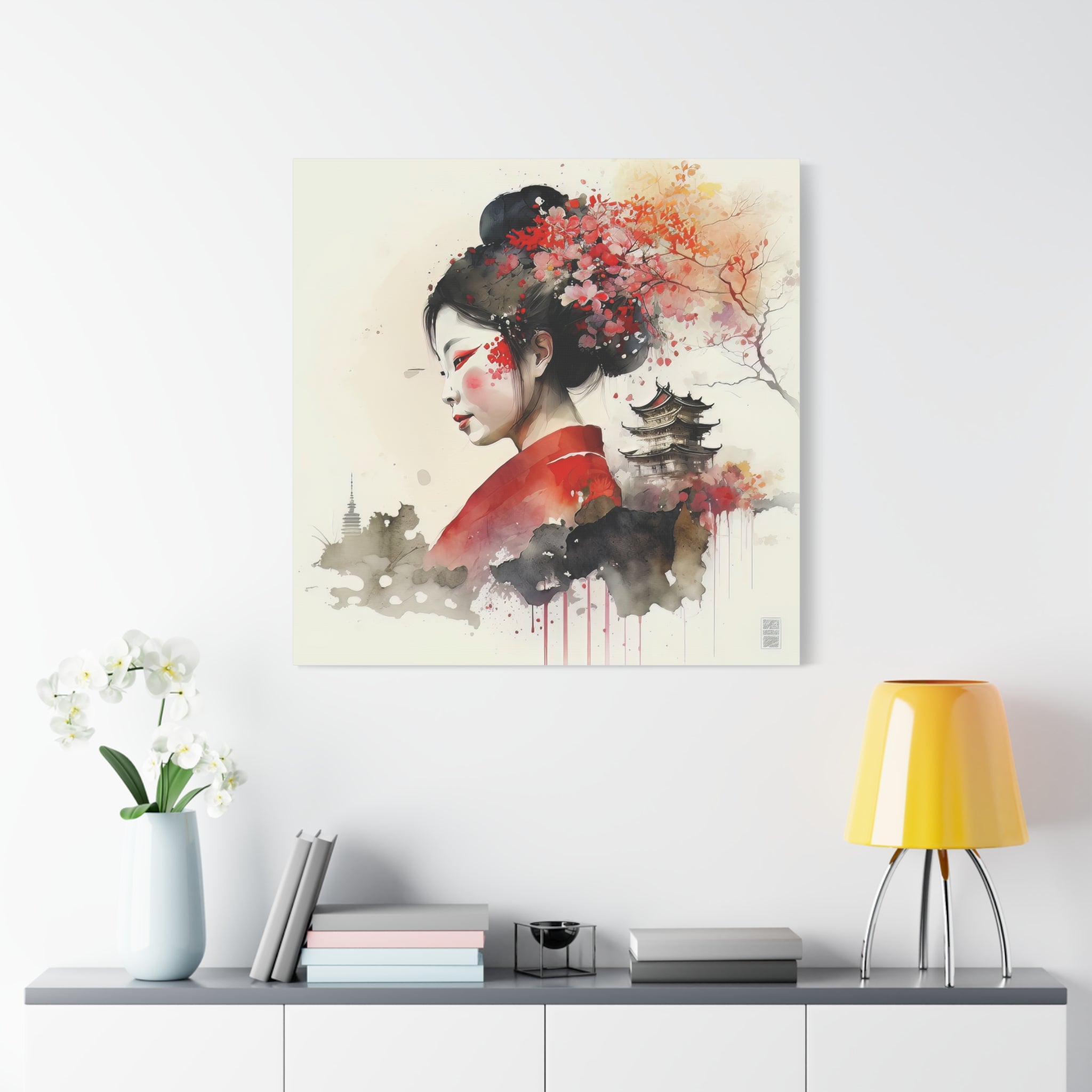 Elegant Geisha Watercolor Art Print – Japanese Woman with Cherry Blossoms & Pagoda, Floral Canvas Print, Asian-Inspired Home Decor - Gallory Hive
