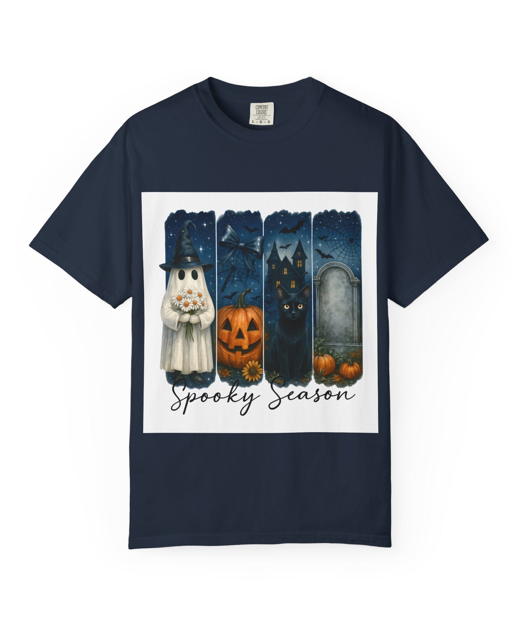 Spooky Season Halloween T-Shirt – Ghost, Black Cat, Pumpkin & Haunted House Design - Gallory Hive