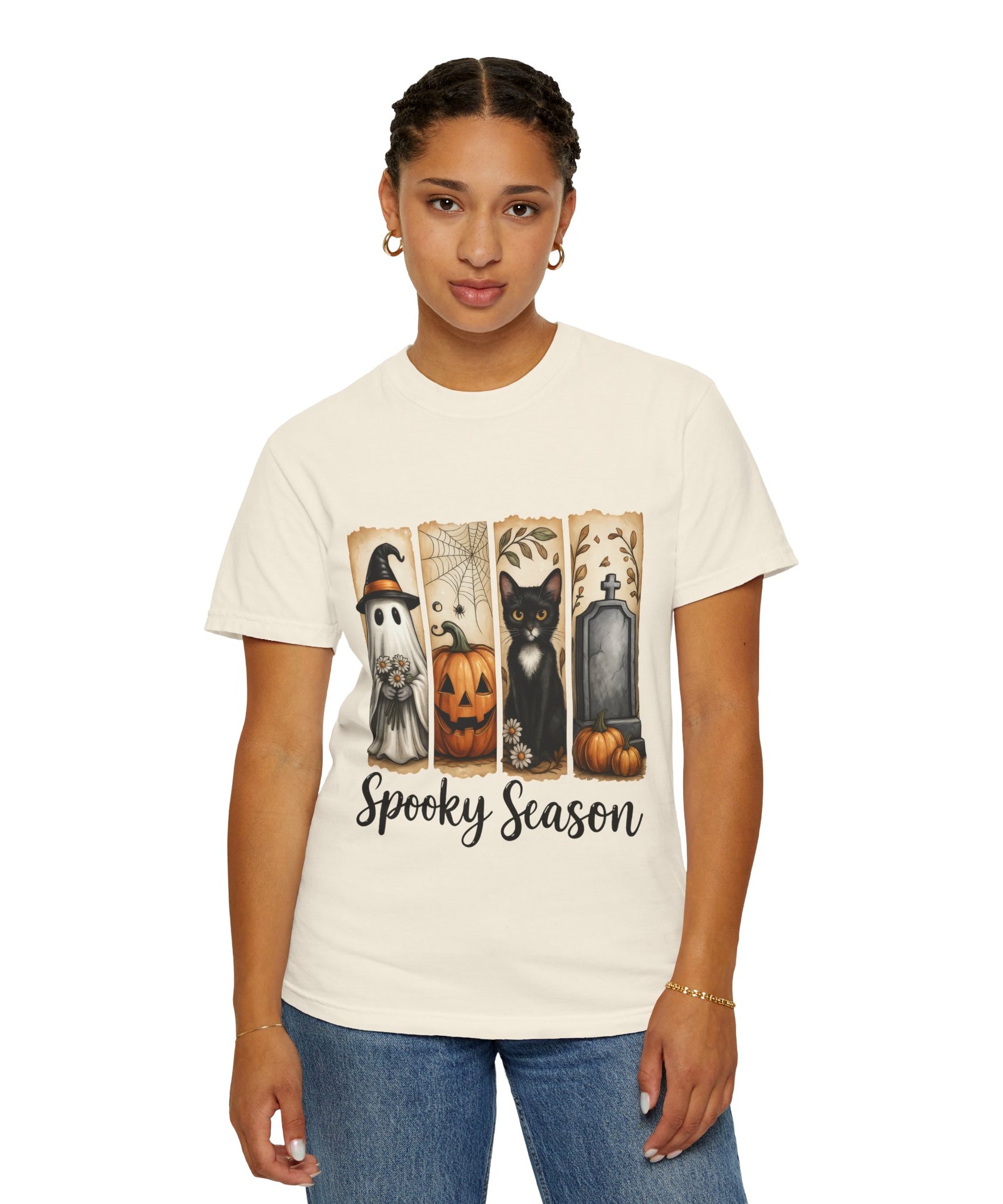 Spooky Season Halloween Unisex T-Shirt – Ghost, Cat & Pumpkin Design - Gallory Hive