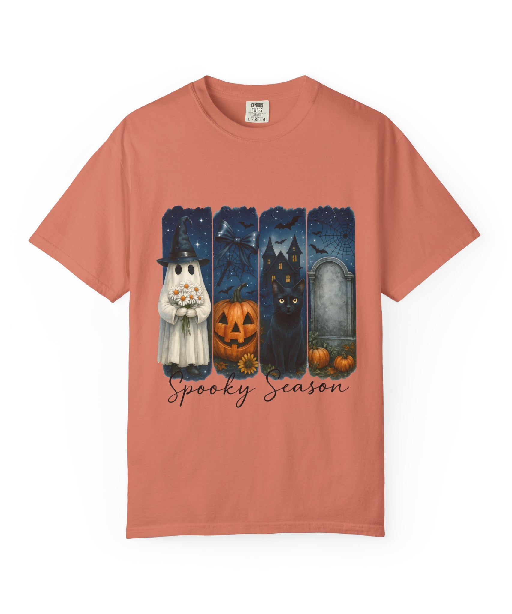 Spooky Season Halloween T-Shirt – Ghost, Black Cat, Pumpkin & Haunted House Design - Gallory Hive
