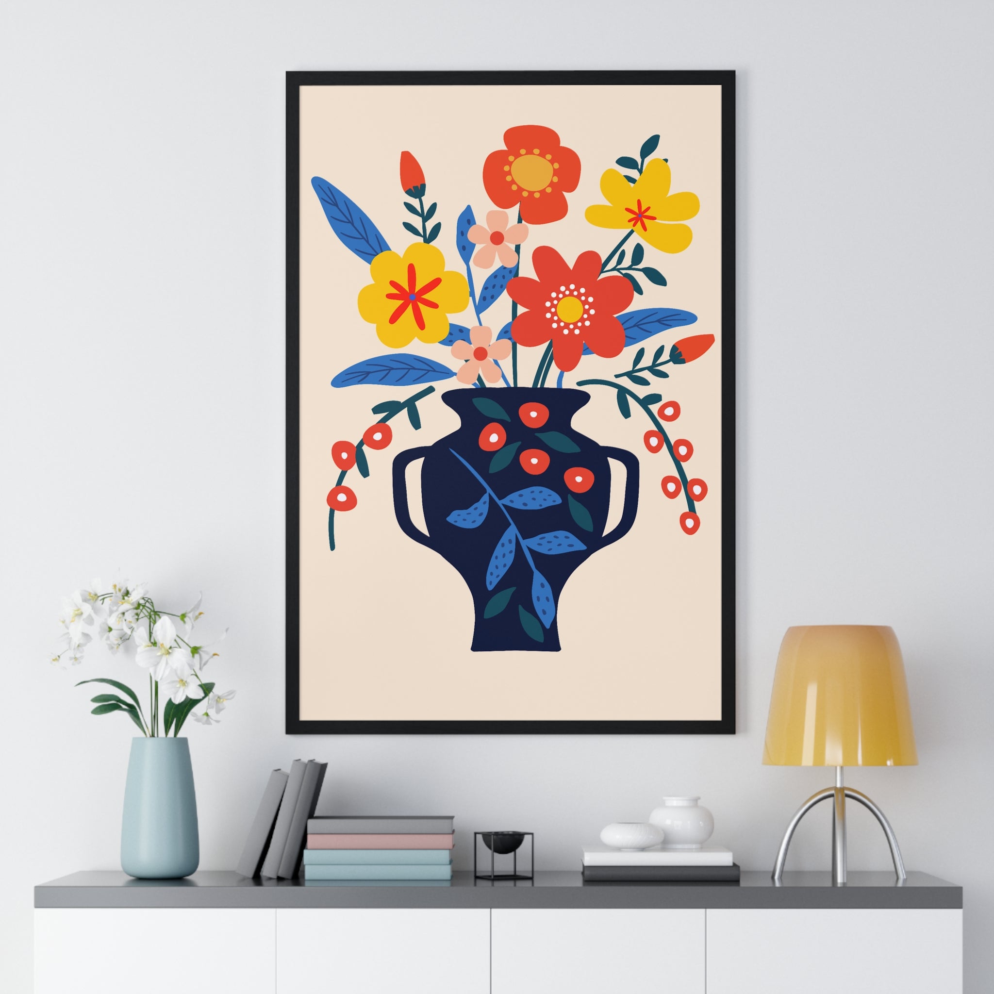 Vibrant Spring Tulip Pot Art on Lavender Grid in Premium Frame