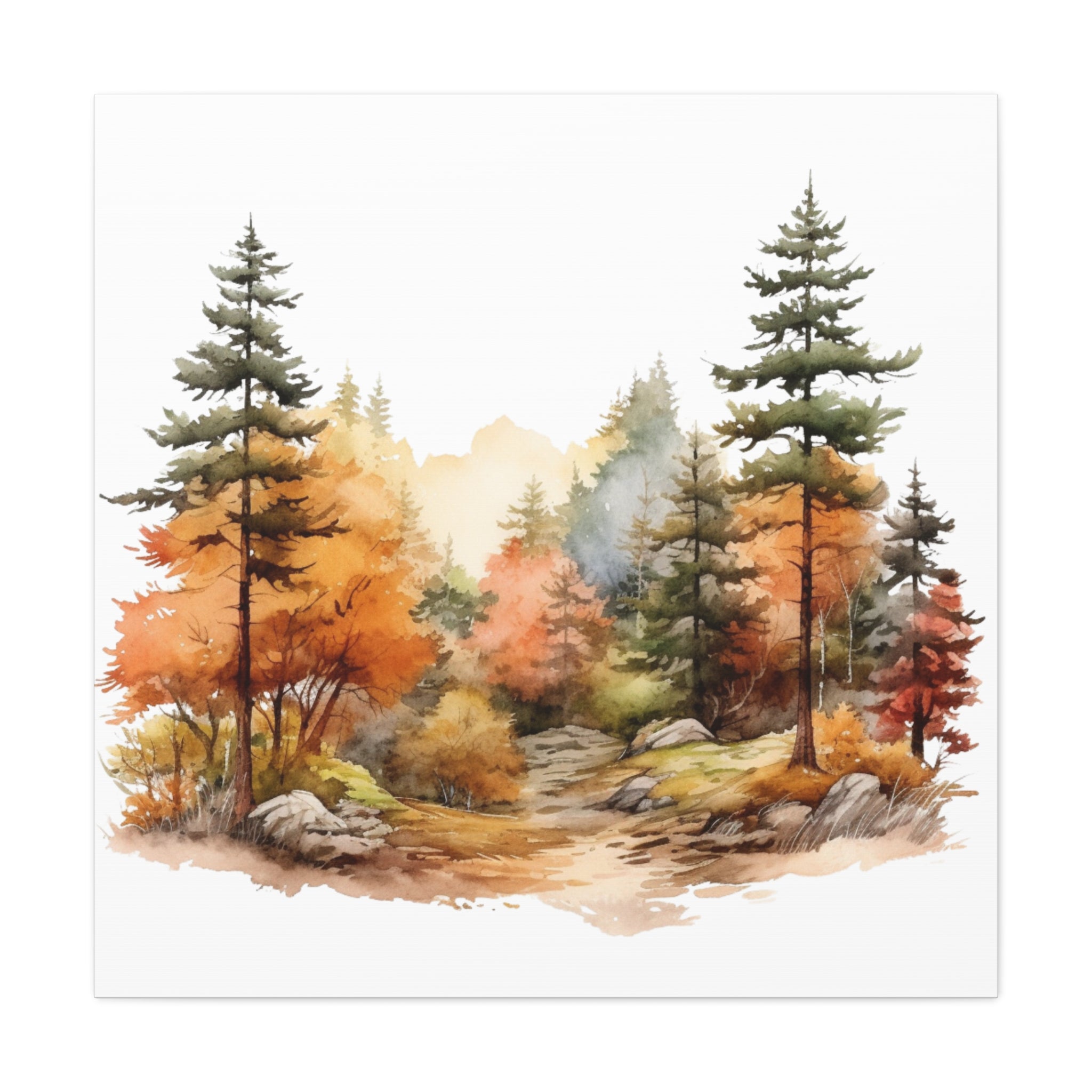 Echoes of Autumn – Watercolor Forest Scene on Floral Canvas Wall Art