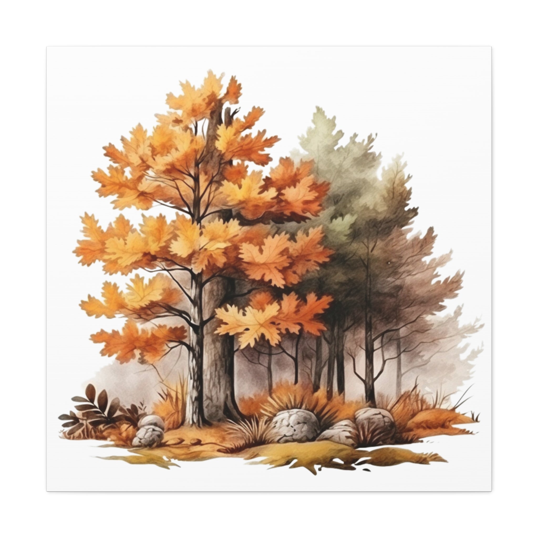 Whispering Pines – Autumn Forest Watercolor on Floral Canvas Wall Art