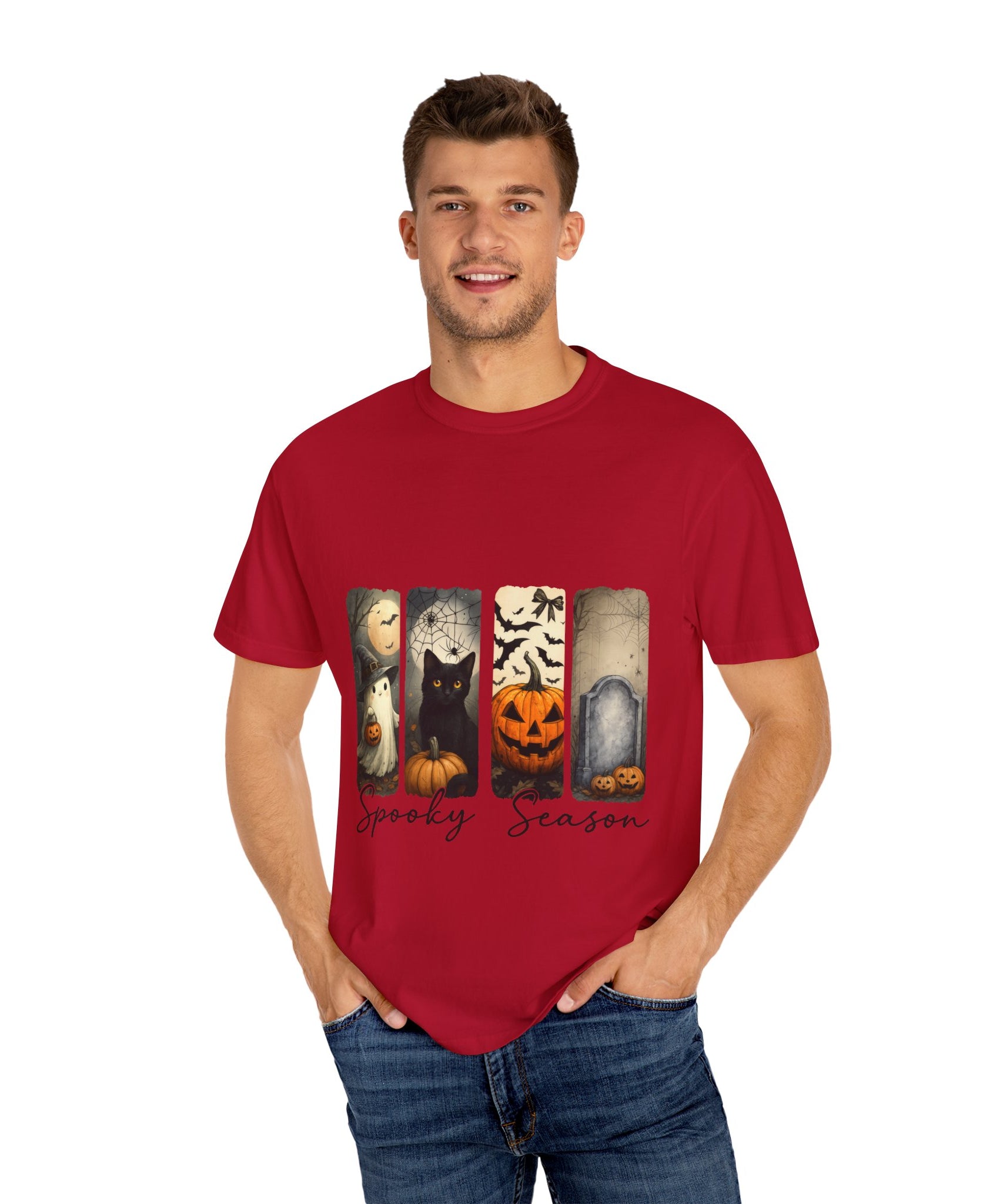 Halloween Night Unisex T-Shirt – Ghost, Black Cat, Pumpkin & Tombstone Vintage Art - Gallory Hive