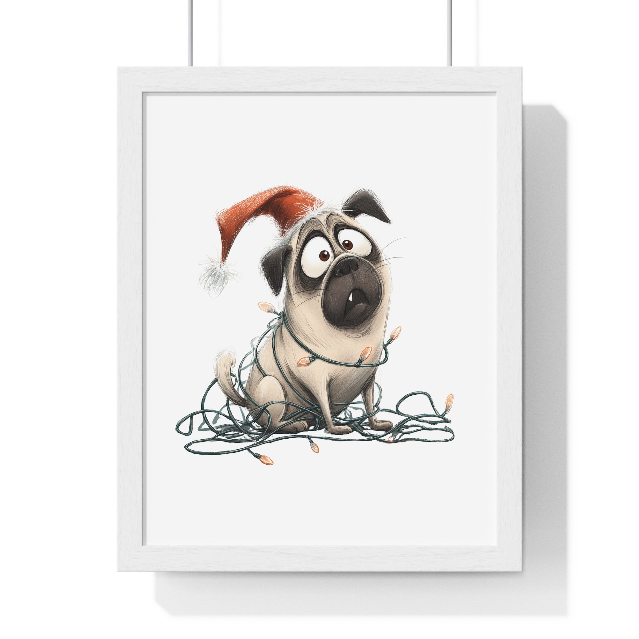 Festive Pug Wrapped in Christmas Lights – Wooden Wall Frame Home Decor - Gallory Hive