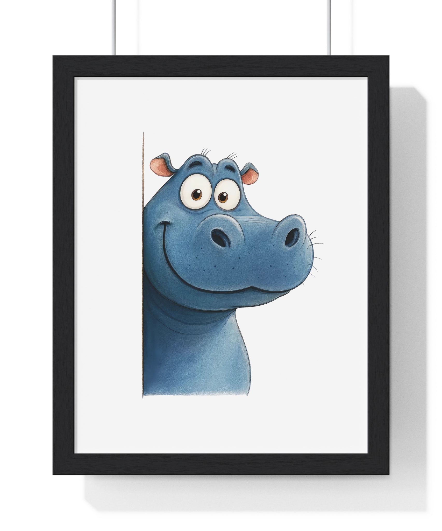 Whimsical Cartoon Hippo Wall Art – Wooden Frame Decor