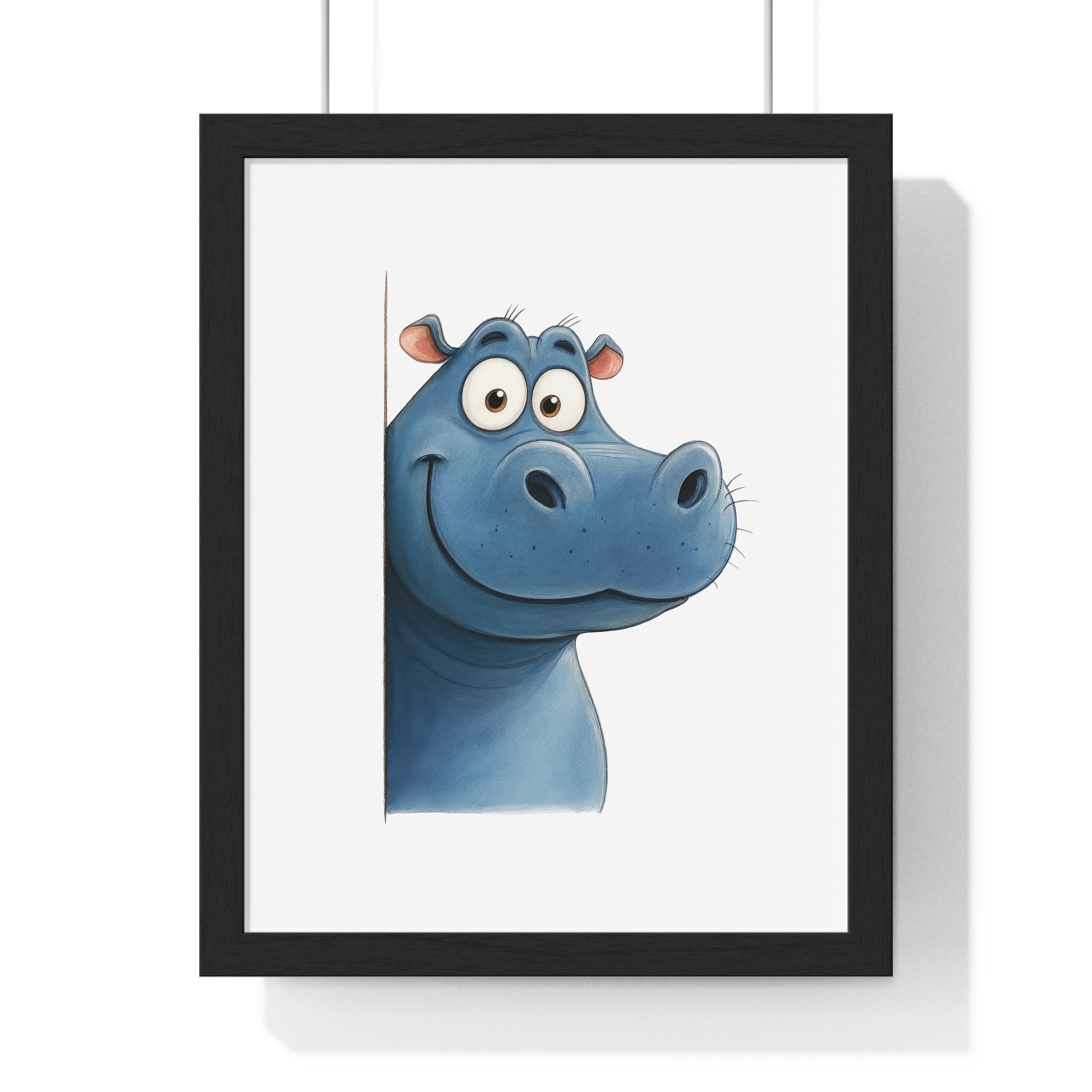 Whimsical Cartoon Hippo Wall Art – Wooden Frame Decor