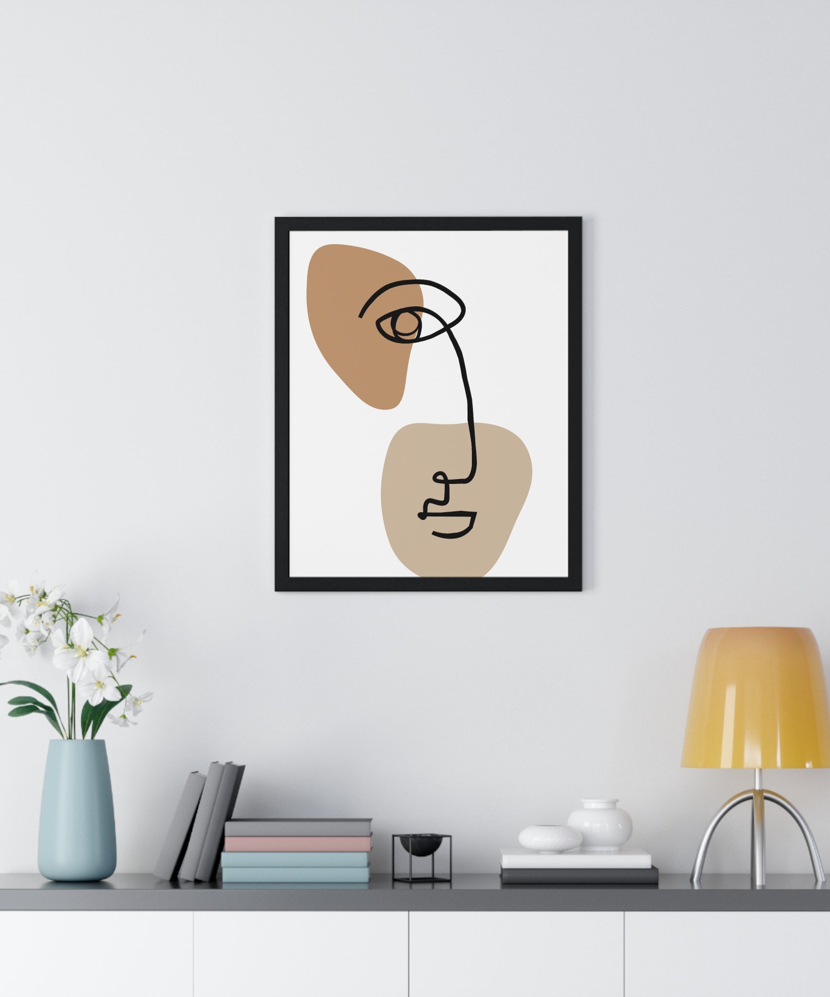 Abstract Face Line Drawing – Wood Frame Poster