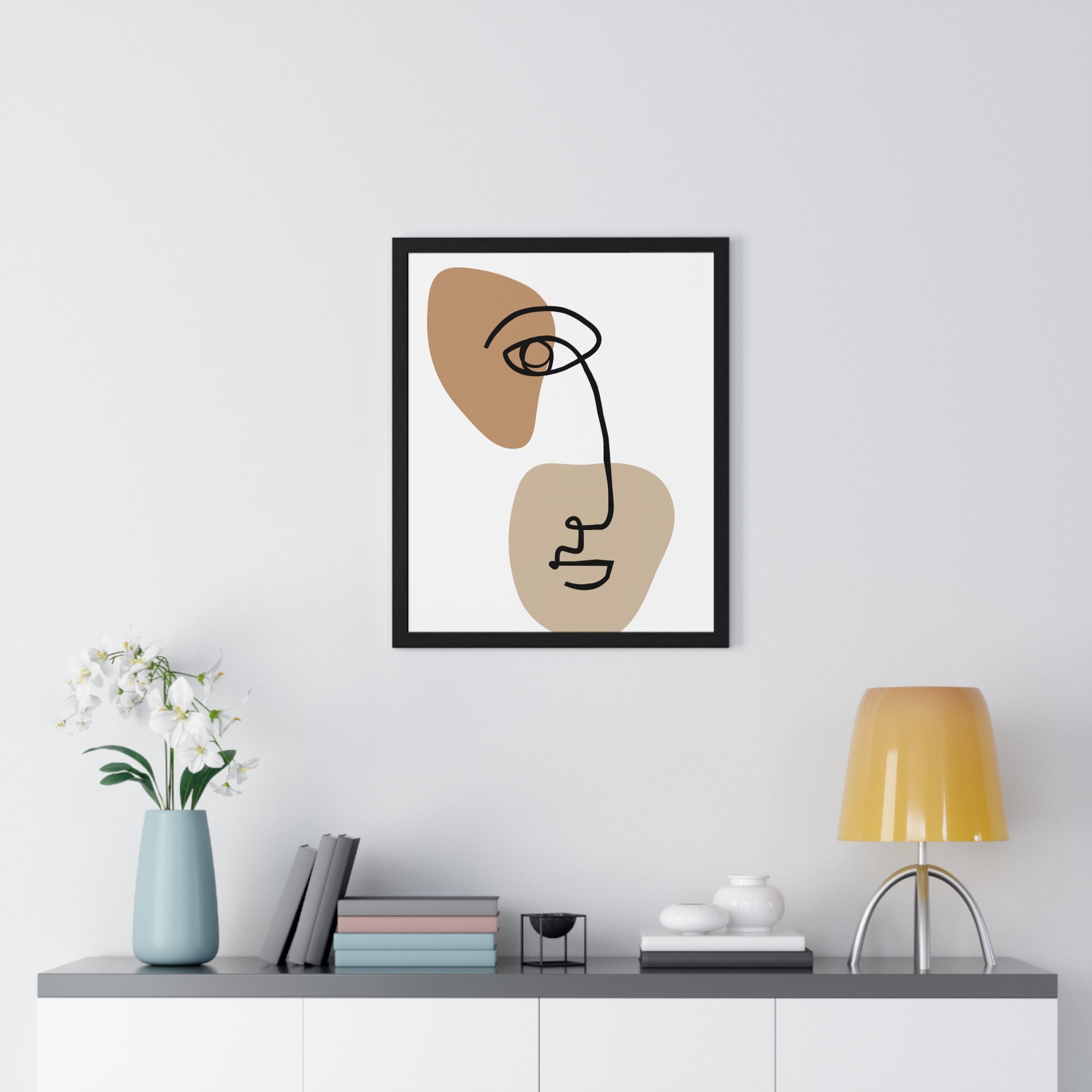 Abstract Face Line Drawing – Wood Frame Poster