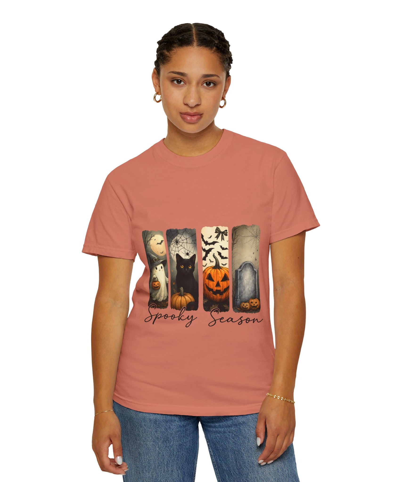 Halloween Night Unisex T-Shirt – Ghost, Black Cat, Pumpkin & Tombstone Vintage Art - Gallory Hive