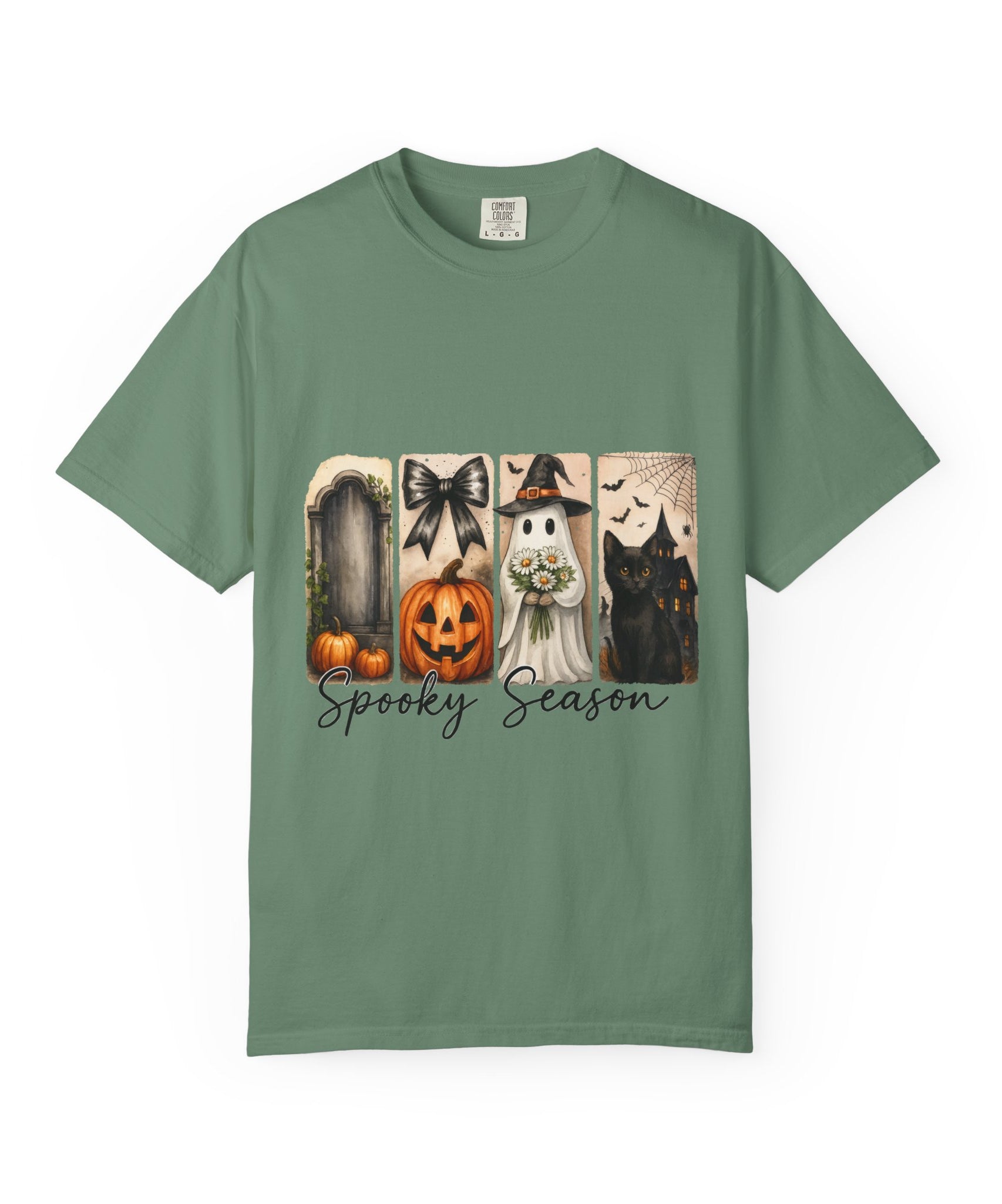 Spooky Season Unisex Halloween T-Shirt – Ghost, Black Cat, Pumpkin & Haunted House Art - Gallory Hive