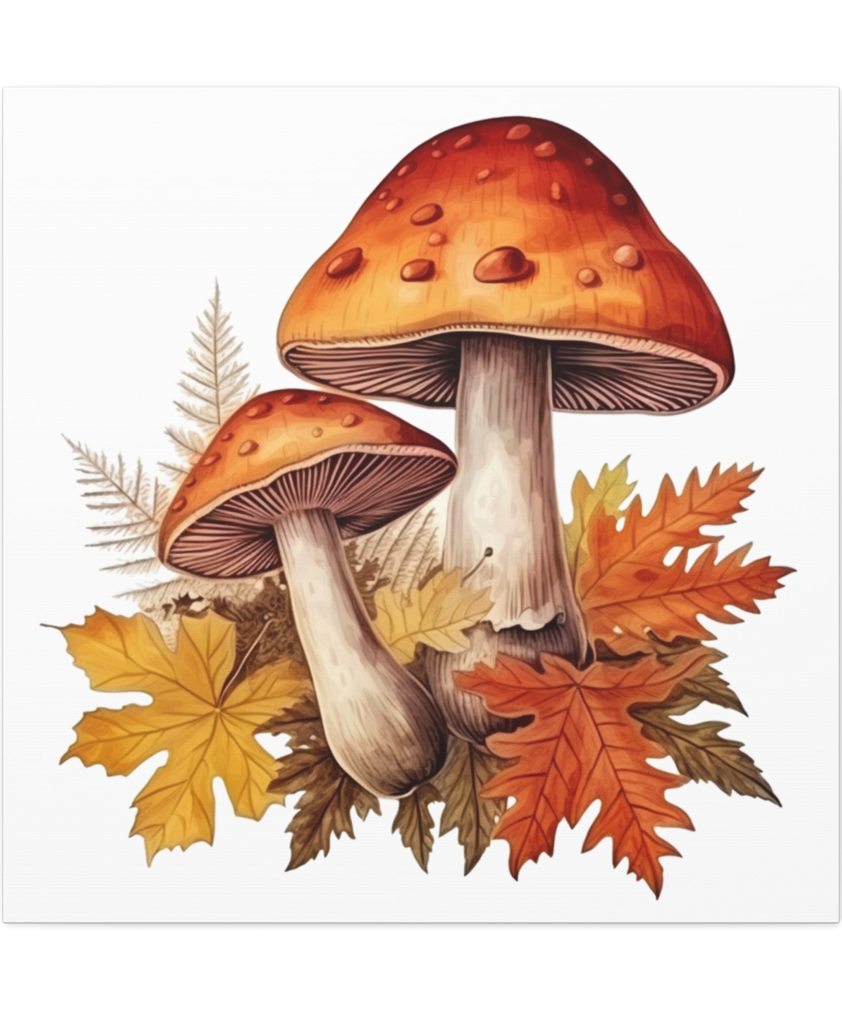 Forest Gems – Autumn Mushrooms & Leaves Illustration on Floral Canvas Wall Art