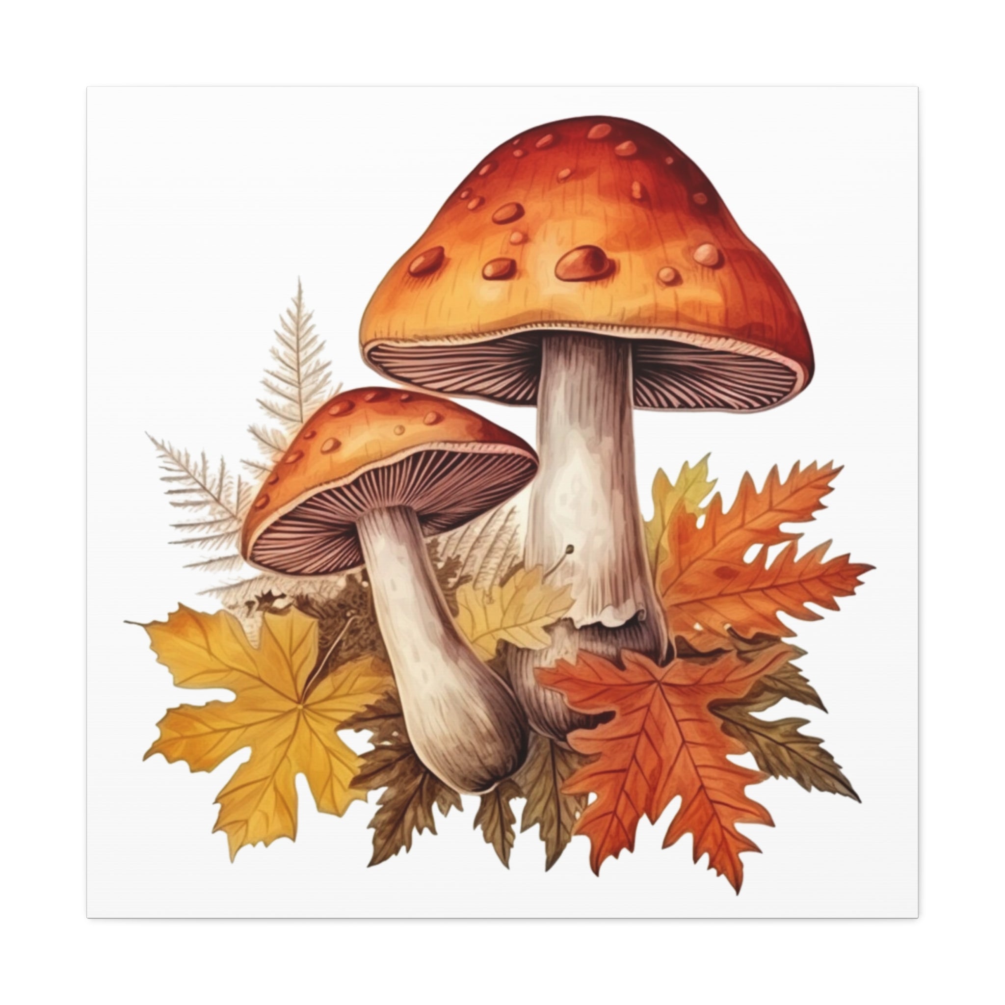 Forest Gems – Autumn Mushrooms & Leaves Illustration on Floral Canvas Wall Art