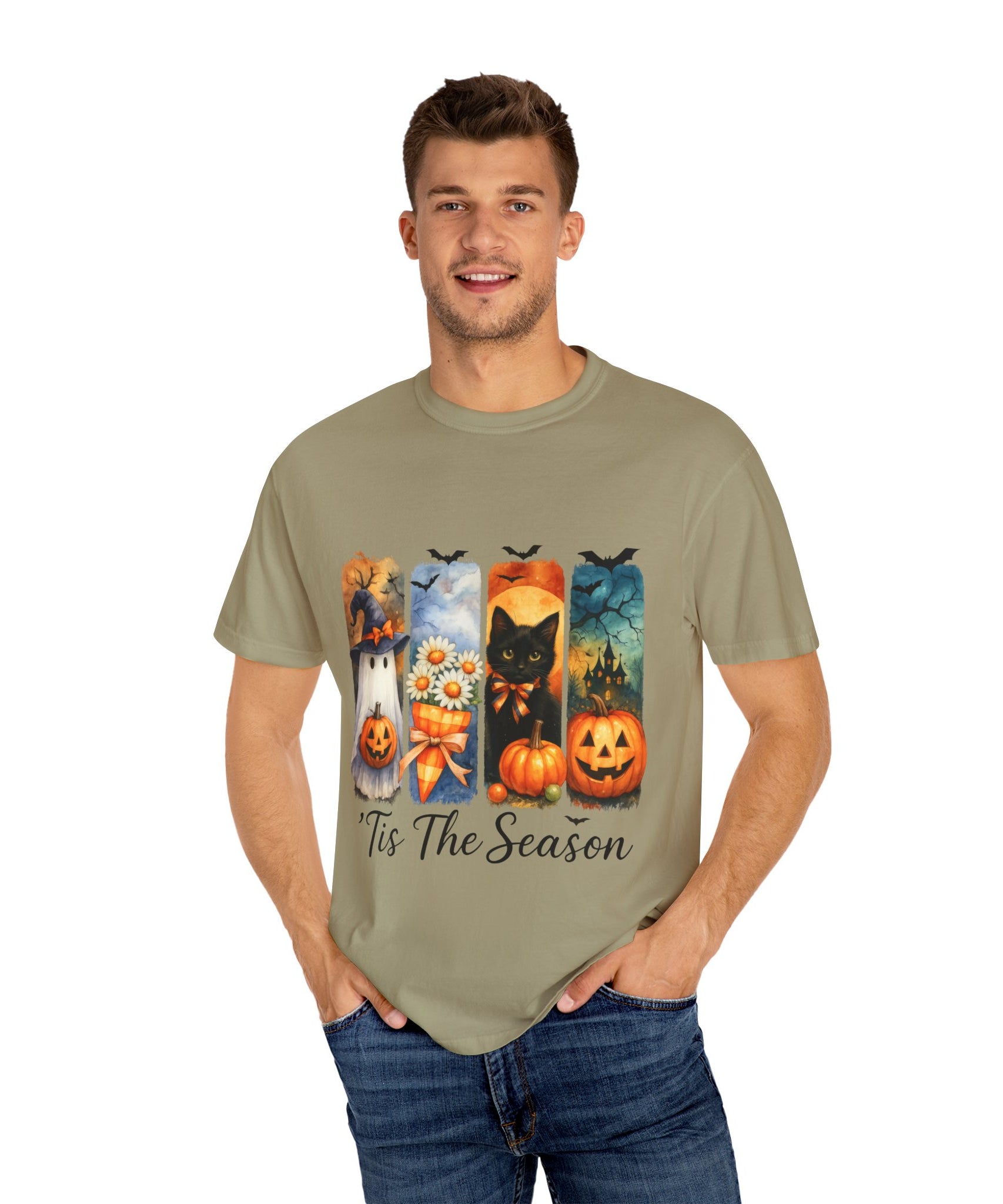 Whimsical Halloween T-Shirt – Ghost, Black Cat, Pumpkins & Haunted House Design - Gallory Hive