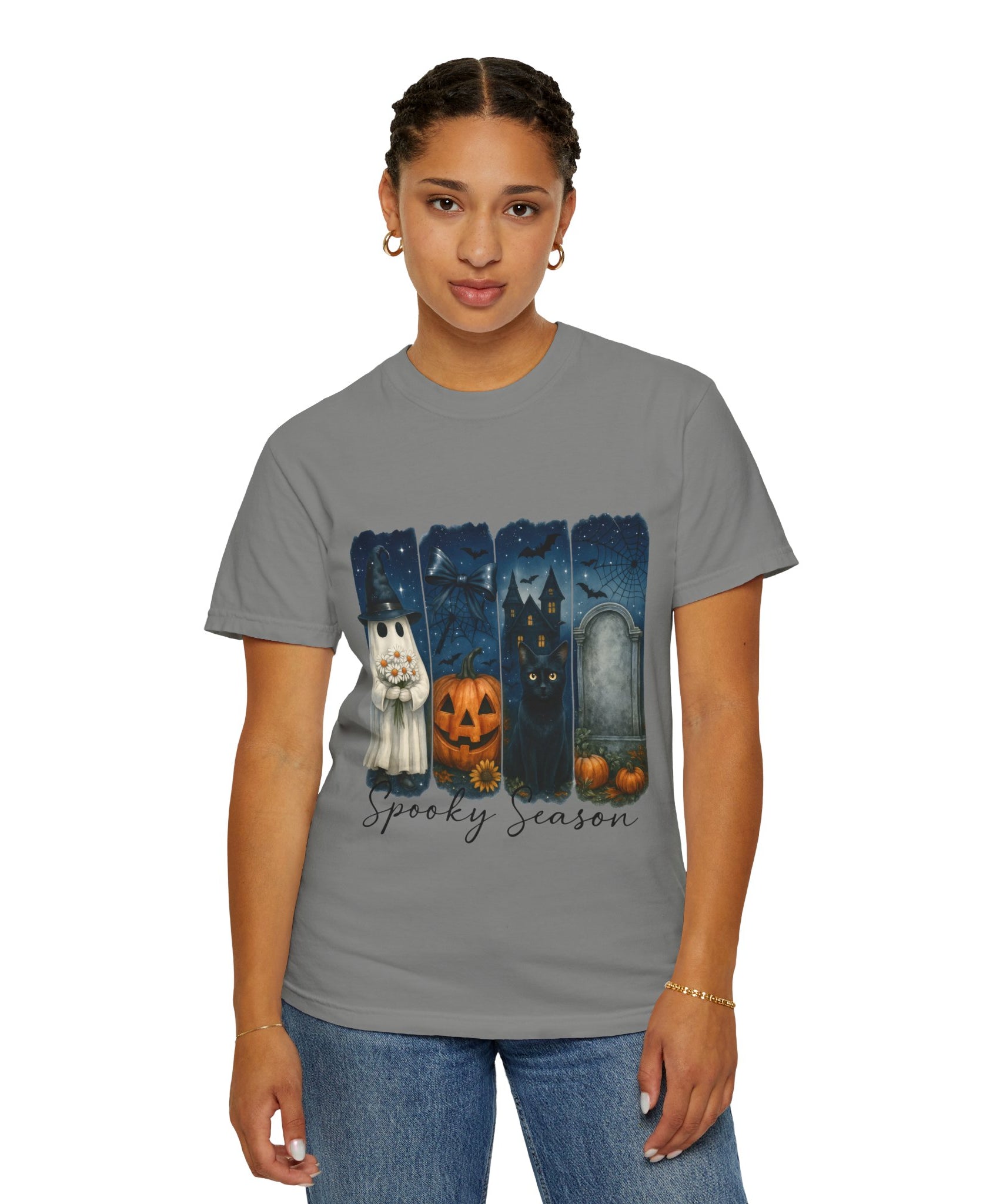 Spooky Season Halloween T-Shirt – Ghost, Black Cat, Pumpkin & Haunted House Design - Gallory Hive