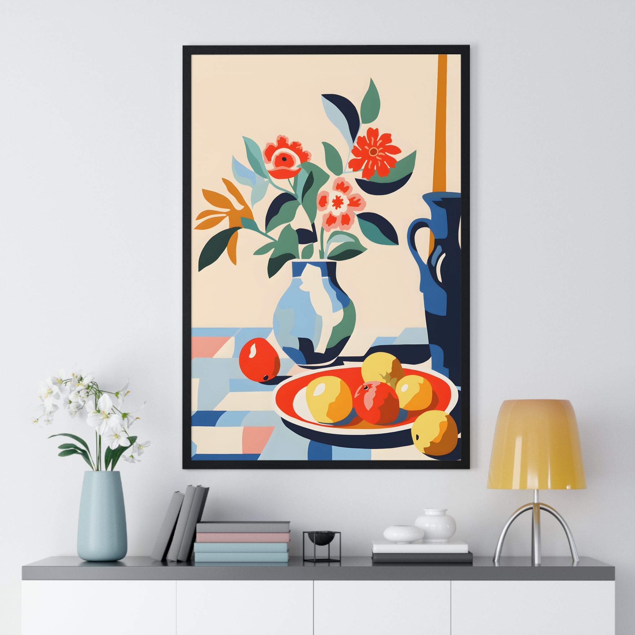 Modern Still Life Art – Premium Wooden Framed Poster with Vase, Fruit & Florals
