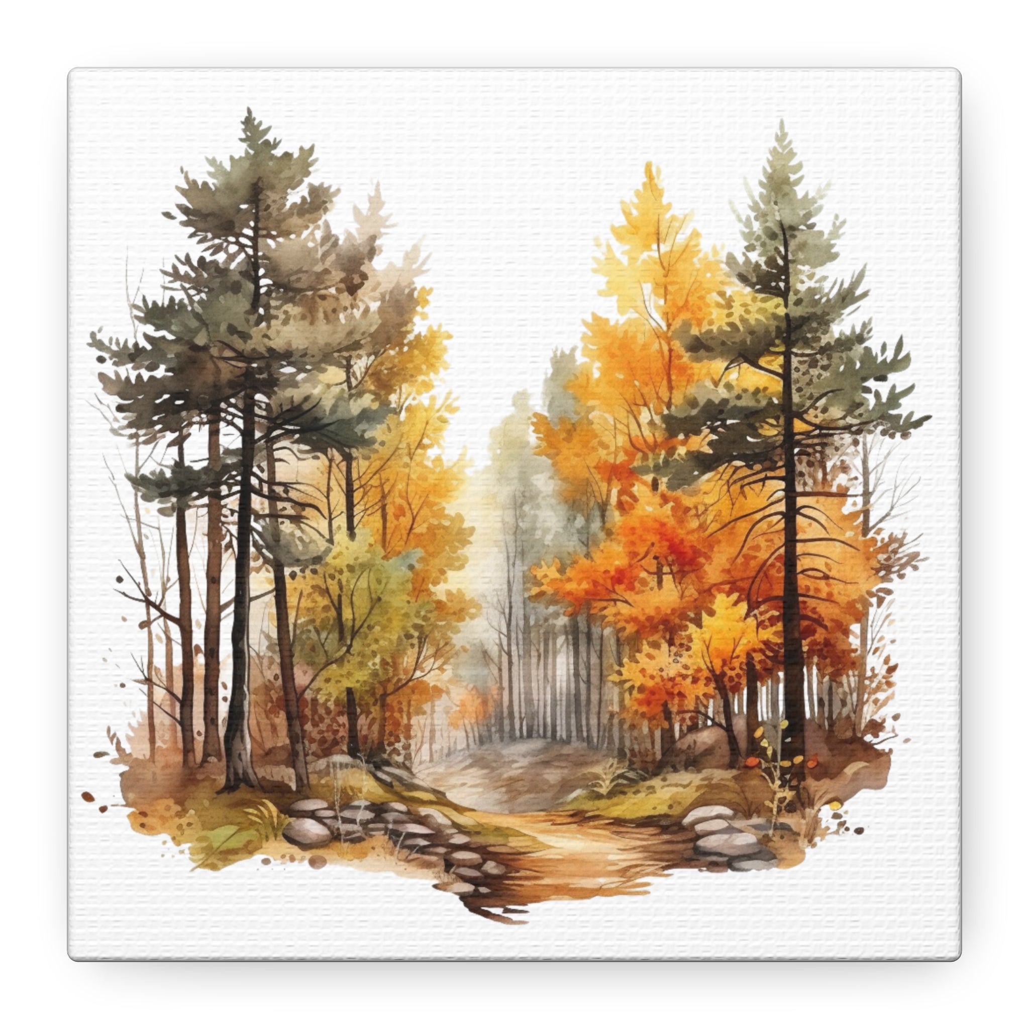 Golden Autumn Forest Path Canvas Wall Art – Watercolor Nature Landscape Print for Home Decoration