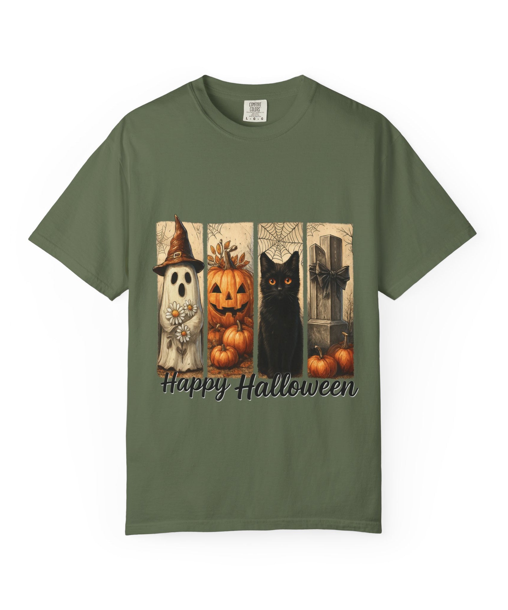 Happy Halloween Unisex T-Shirt – Ghost, Black Cat & Pumpkin Graphic Tee - Gallory Hive