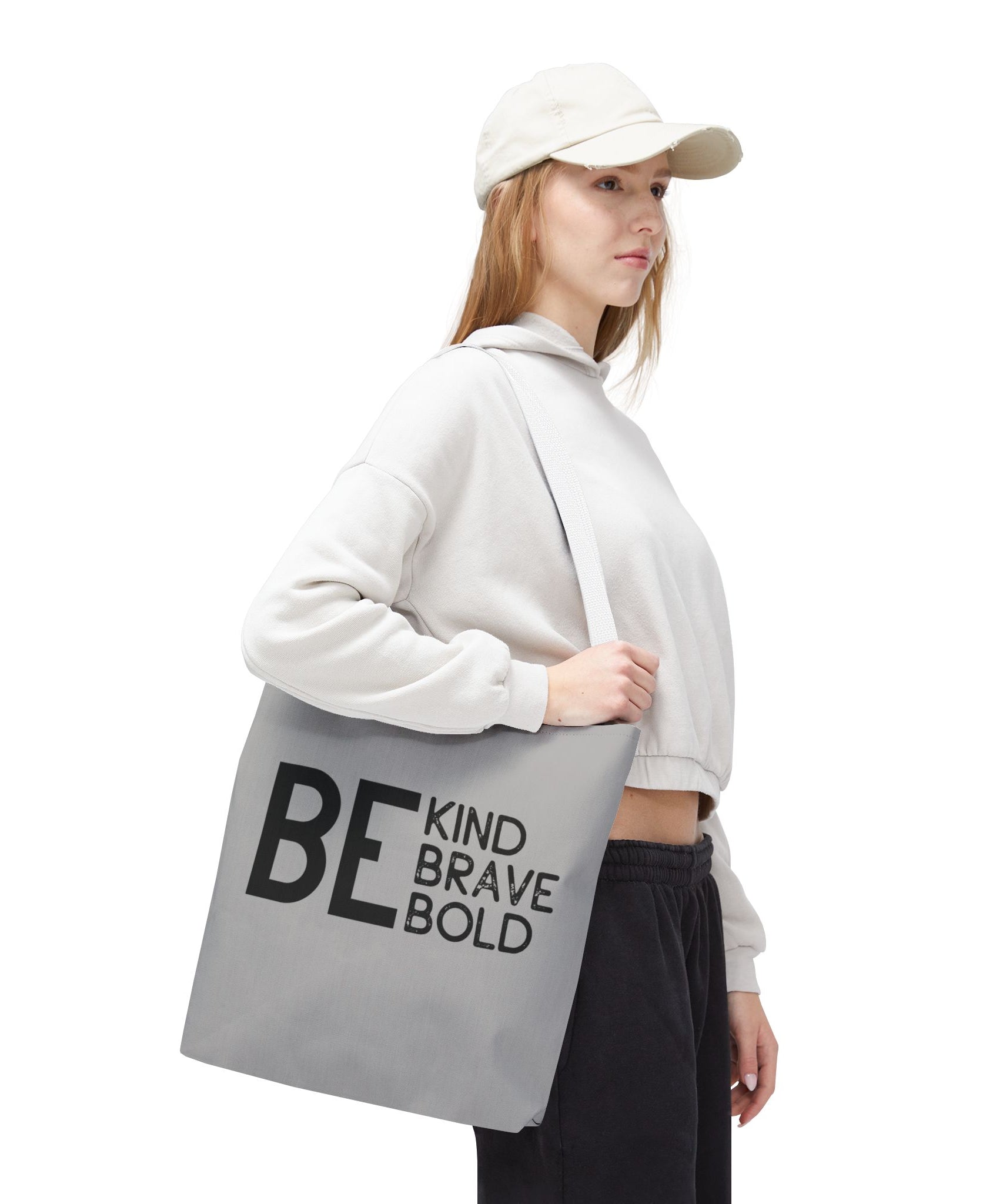 Inspirational Tote Bag - Be Kind Brave Bold - Eco-Friendly Carryall - Light Grey